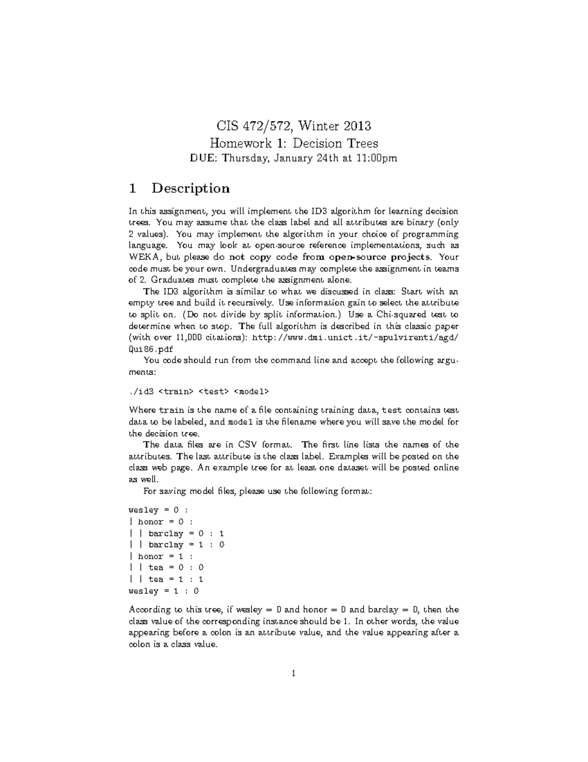 Hw1 - Homework Assignment 1 - CIS Winter 2013 Homework 1: Decision ...