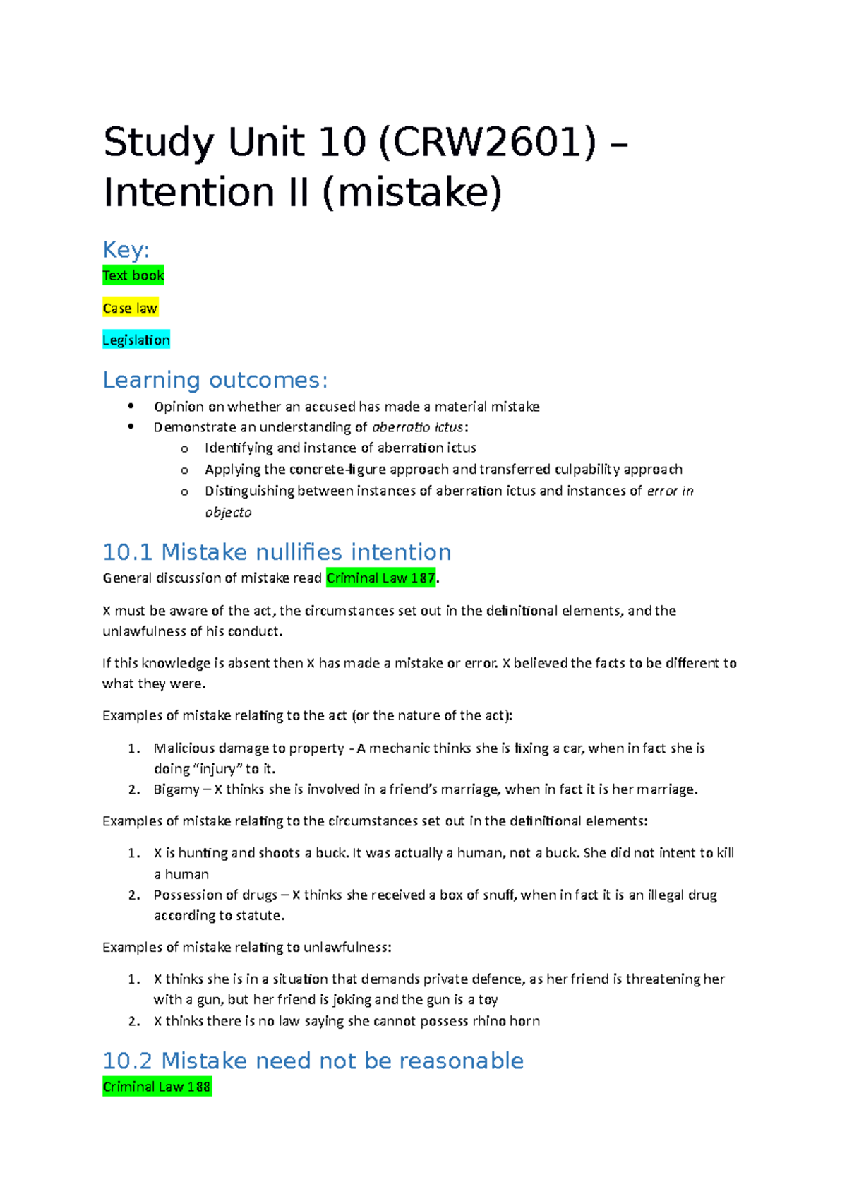 Intention-II-mistake - Study Unit 10 (CRW2601) – Intention II (mistake ...
