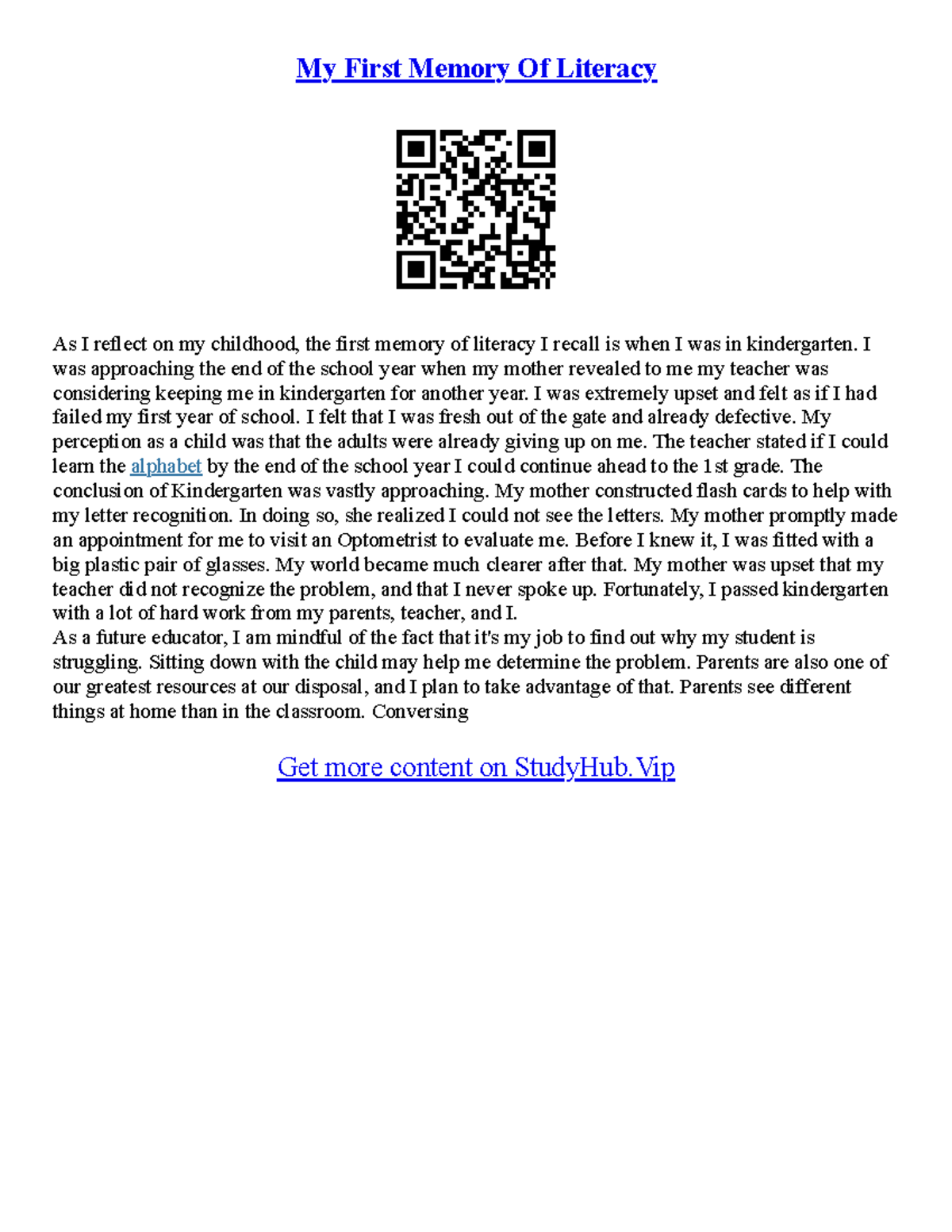School Memories Essay - My First Memory Of Literacy As I reflect on my ...