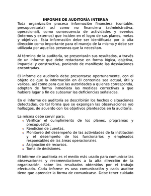 Informe DE Auditoría Interna Word - INFORME DE INTERNA Toda procesa  financiera (contable, - Studocu