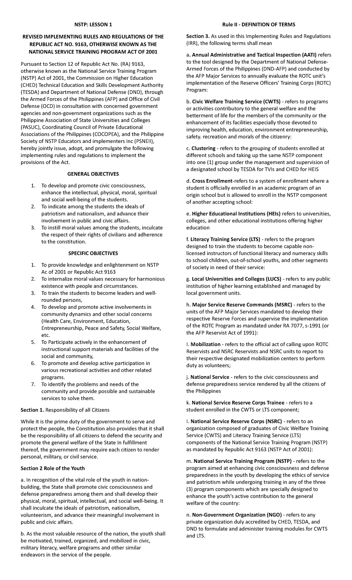 NSTP Lesson 1 - NSTP: LESSON 1 REVISED IMPLEMENTING RULES AND ...