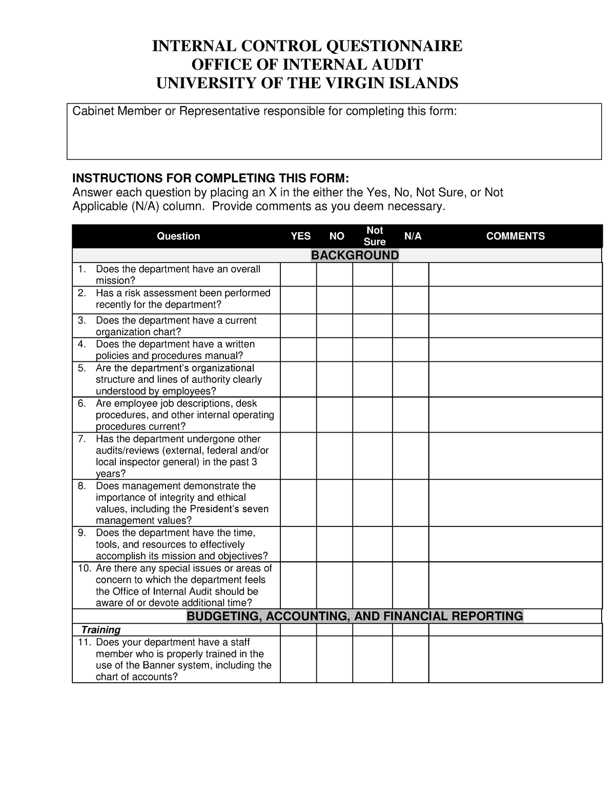 Internal Control Questionnaire 2 OFFICE OF INTERNAL AUDIT UNIVERSITY   Thumb 1200 1553 