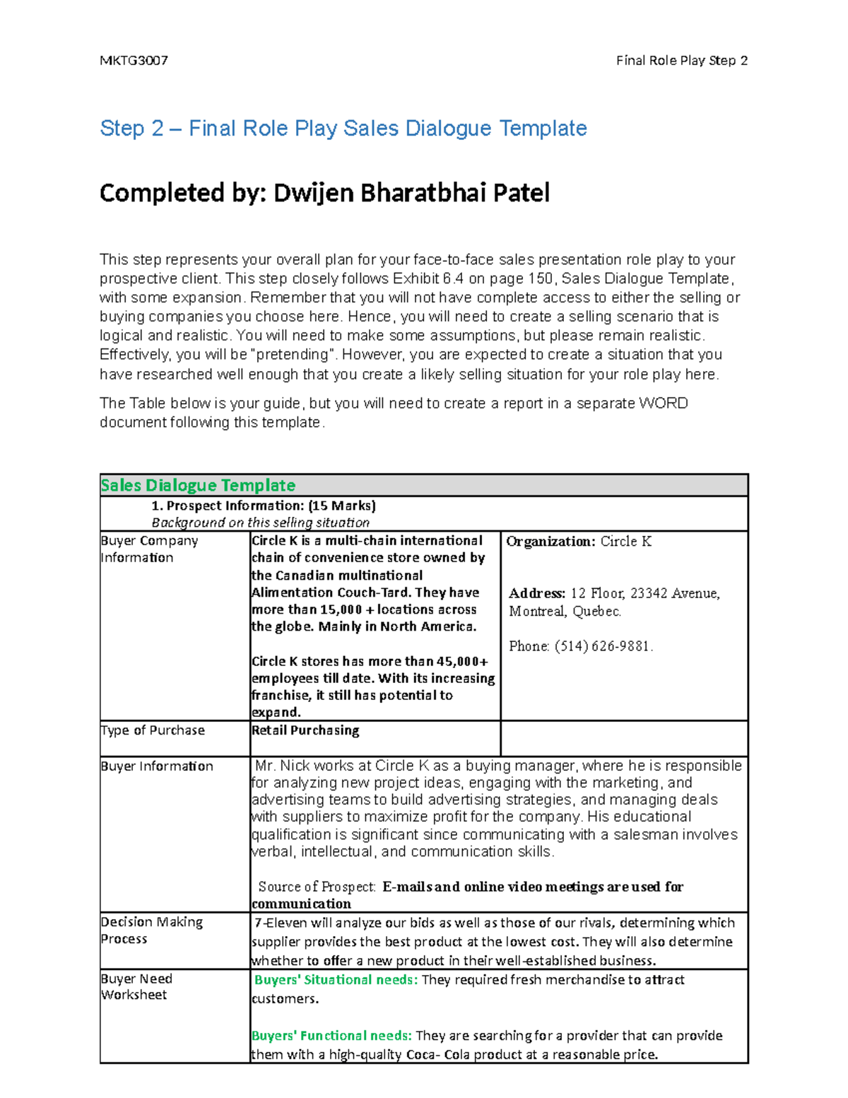 Final Role Play Step 2 Script Step 2 Final Role Play Sales Dialogue