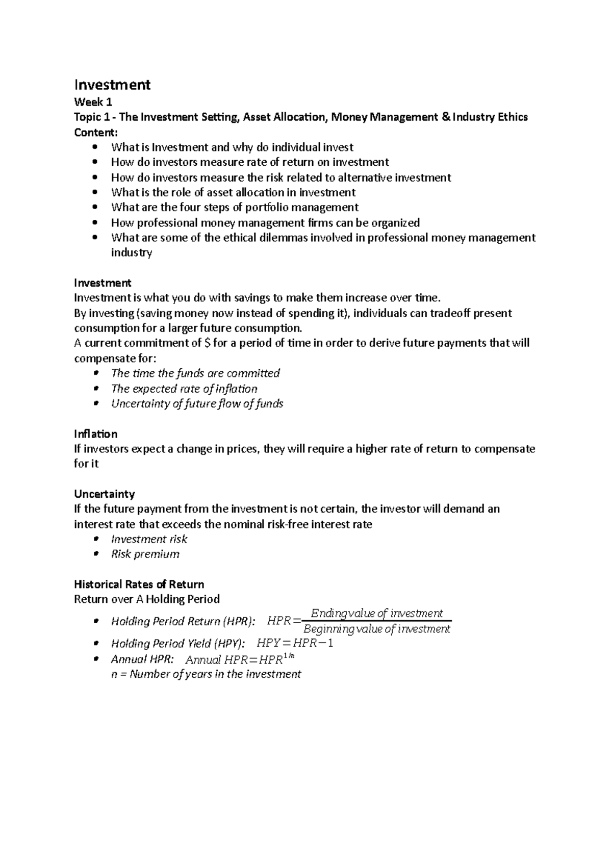 Investment Notes - Investment Week 1 Topic 1 - The Investment Setting ...