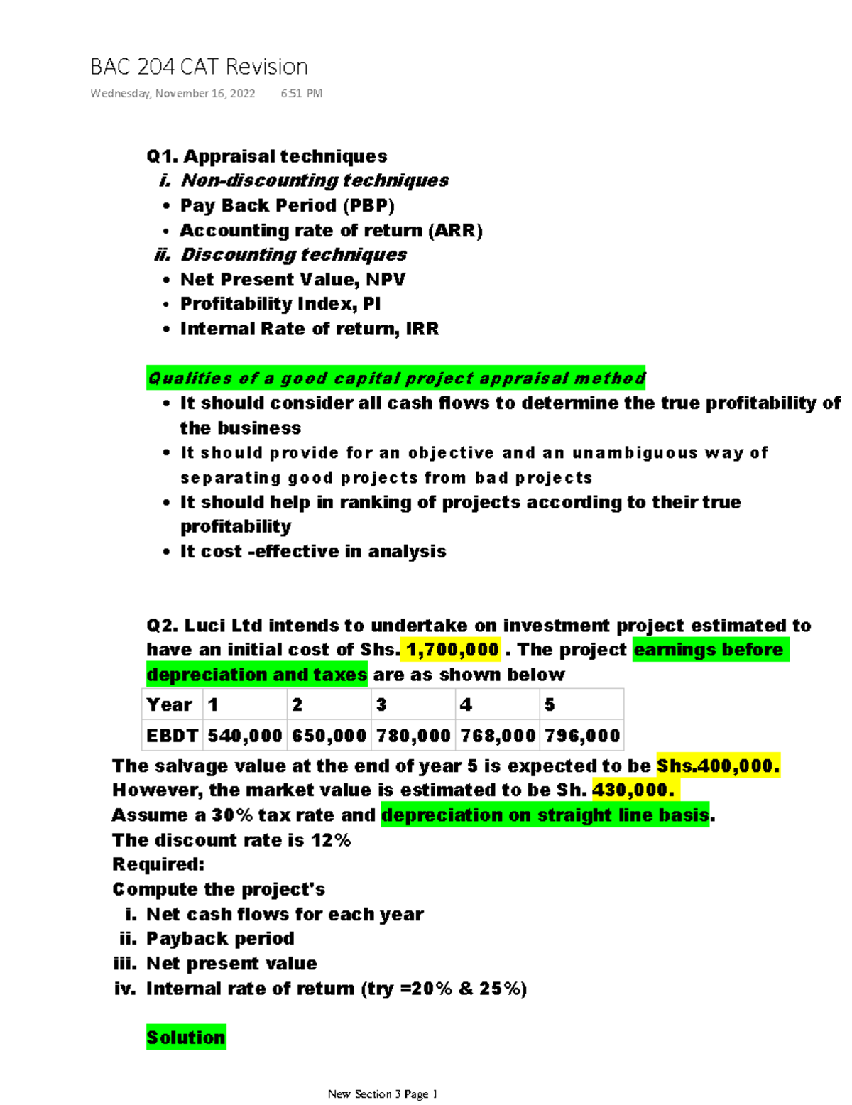 BAC 204 CAT Revision CAT i. Nondiscounting techniques Pay Back