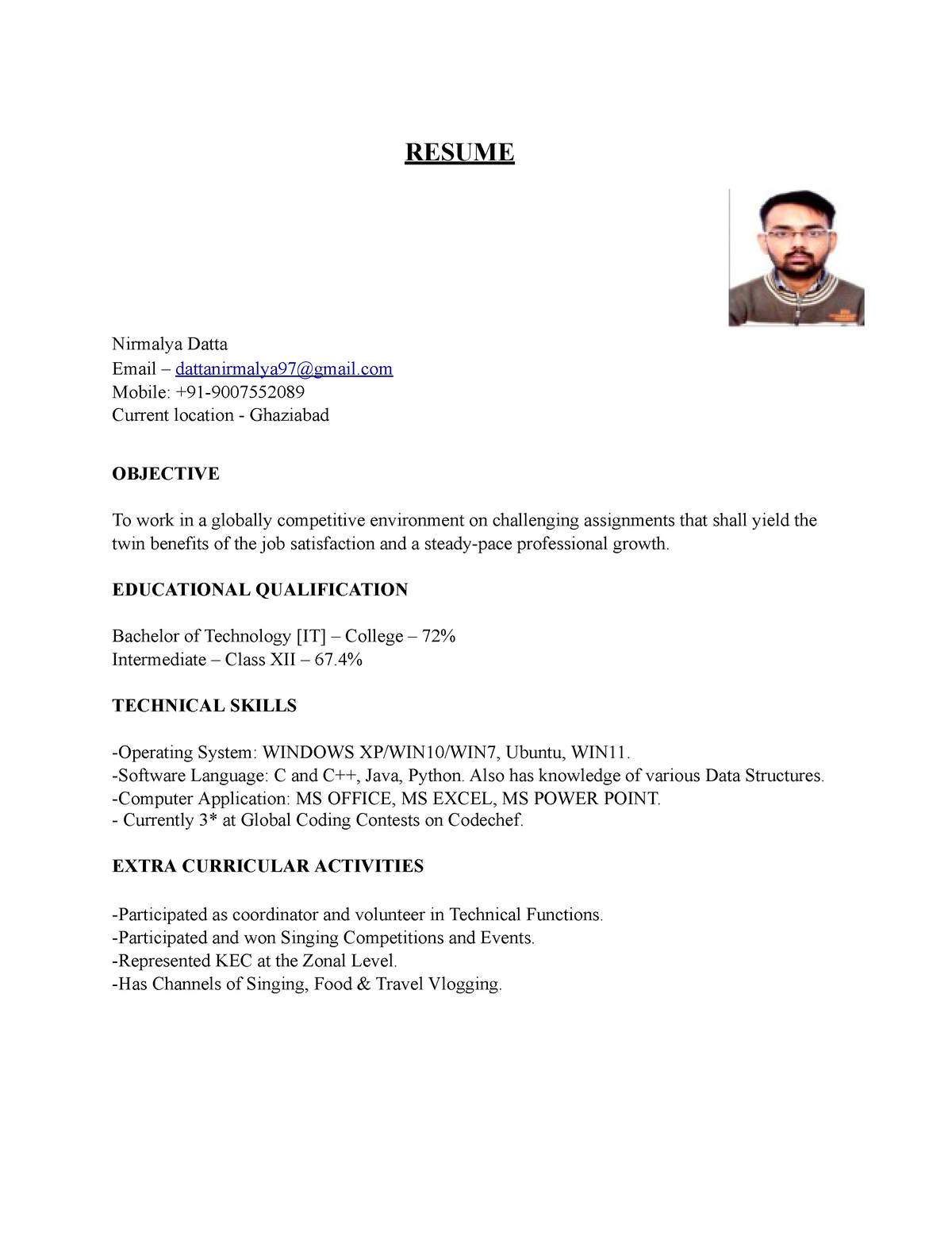 Fresher's Resume Sample (Editable Format)-converted - RESUME Nirmalya ...