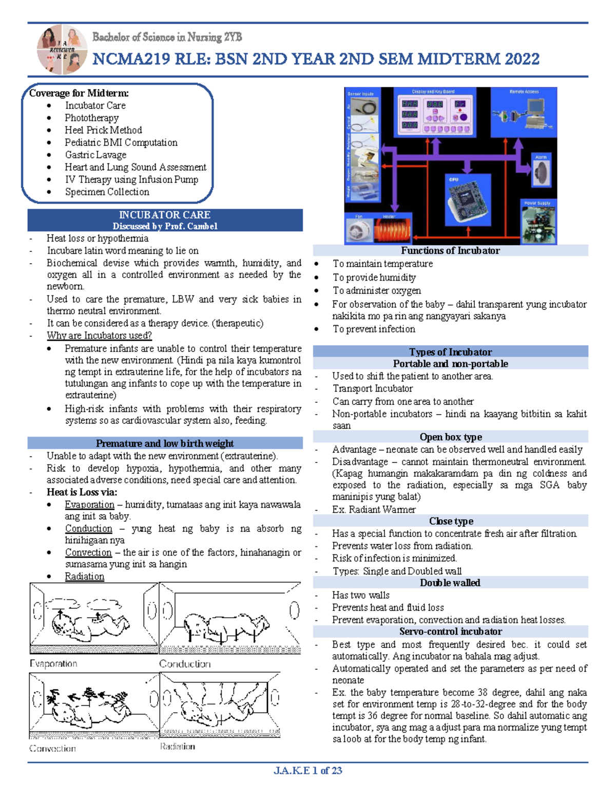 RLE NCMA219 Midterm - REVIEWER - Bachelor of Science in Nursing 2YB ...