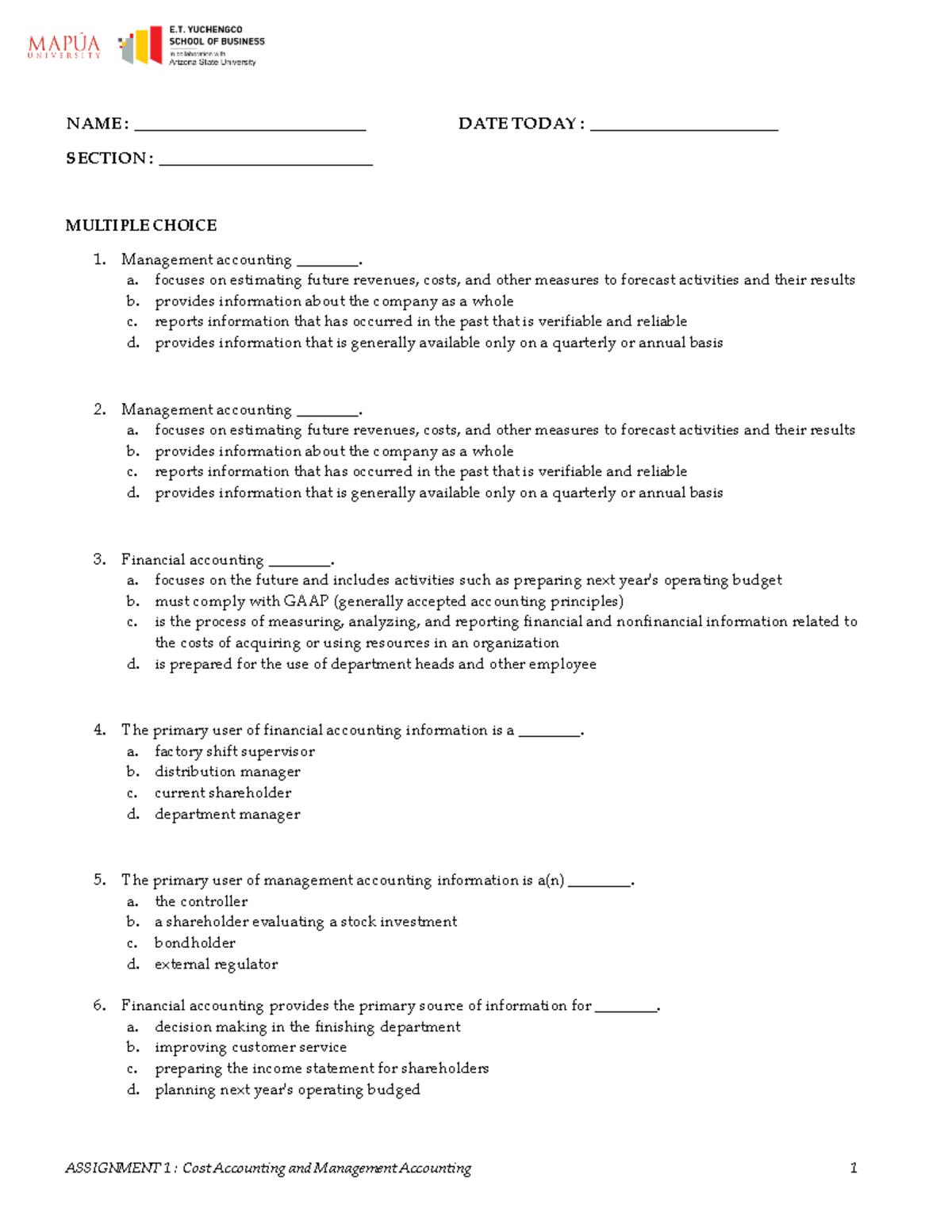 Assignment 1 Cost Accounting and Management Accounting - NAME