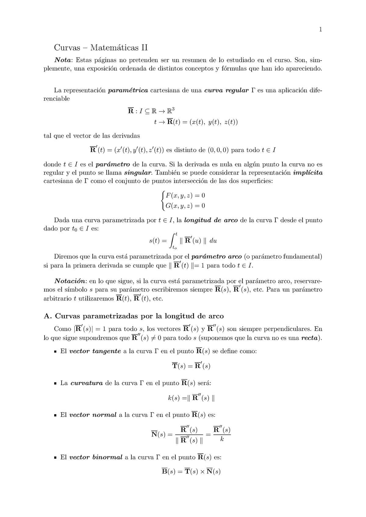 Esquema Curvas, Resumen - 1 Curvas – Matem ́aticas II Nota: Estas P ...