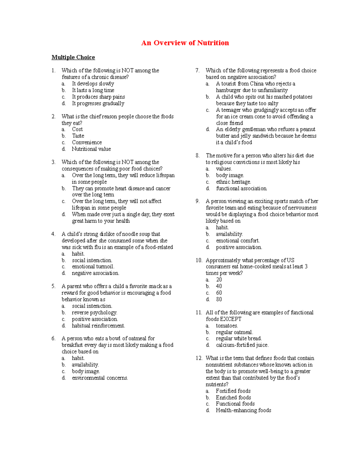 An Overview Of Nutrition - An Overview Of Nutrition Multiple Choice ...