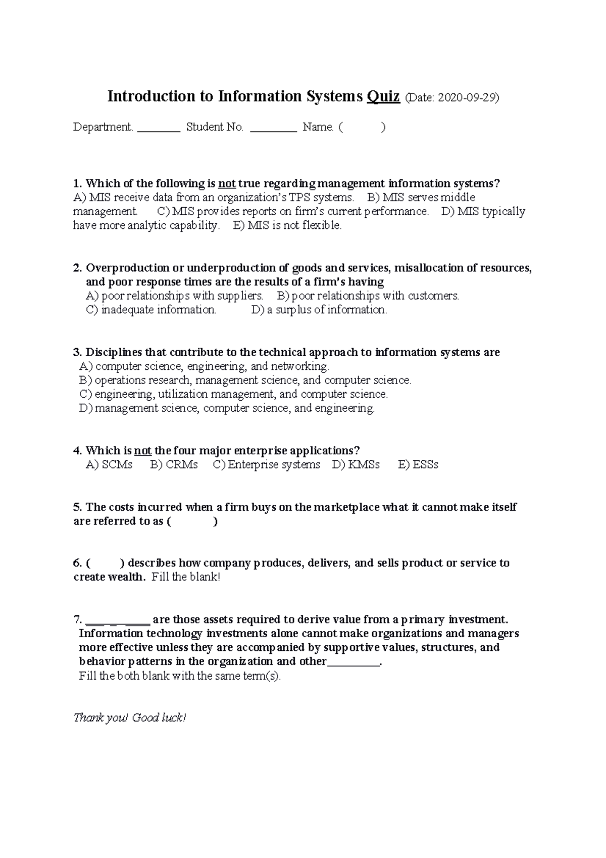 Quiz 2020 quiz for the lecture Introduction to Information Systems