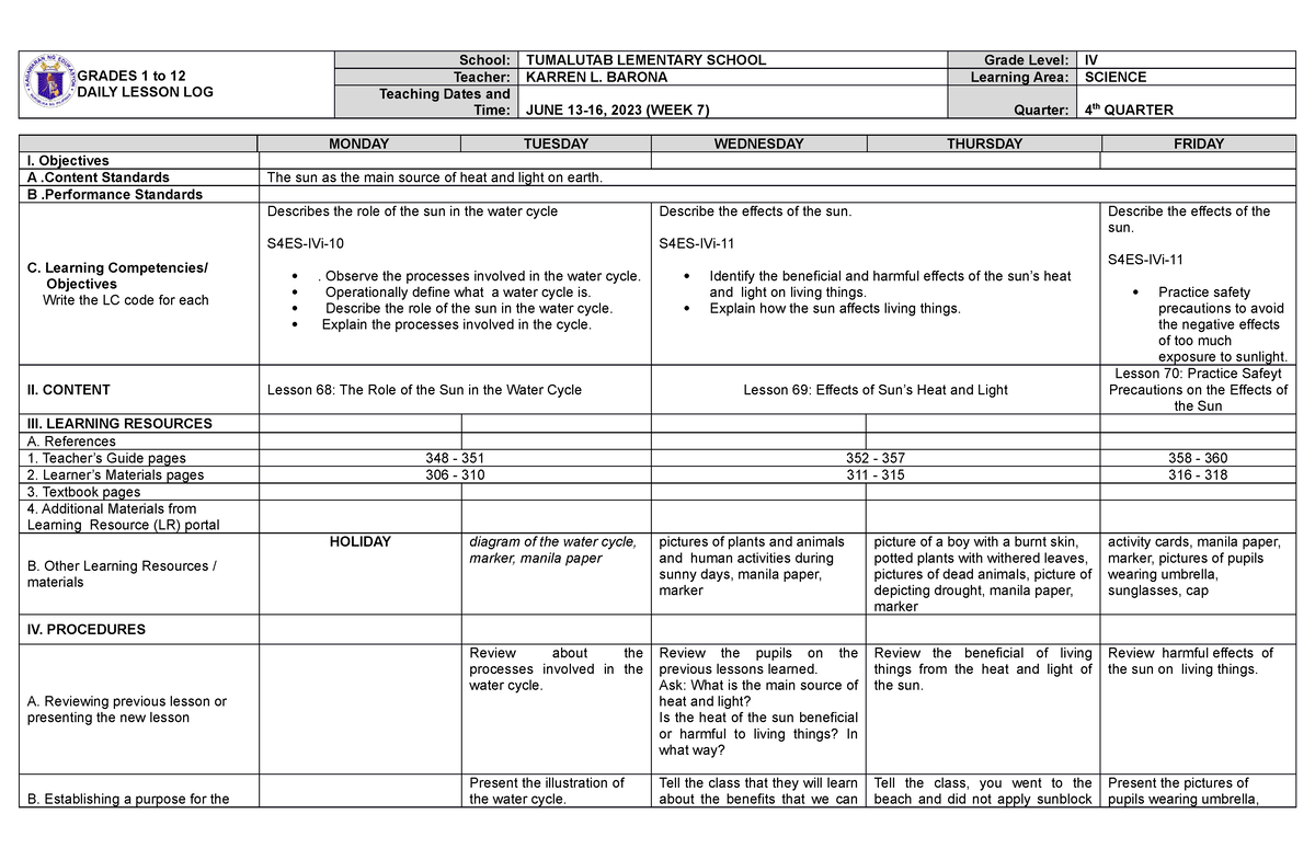 DLL Science 4 Q4 W7 - dll - GRADES 1 to 12 DAILY LESSON LOG School ...