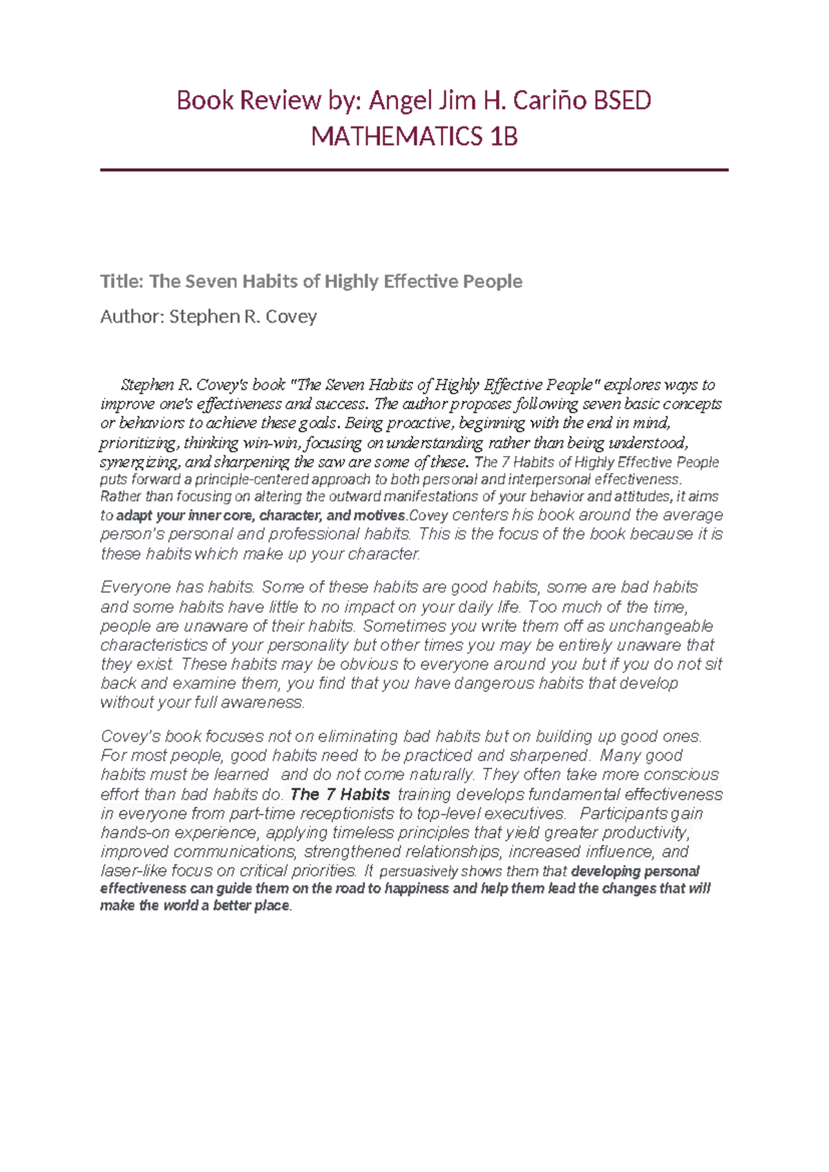 The seven habits of highly effective people - Book Review by: Angel Jim ...