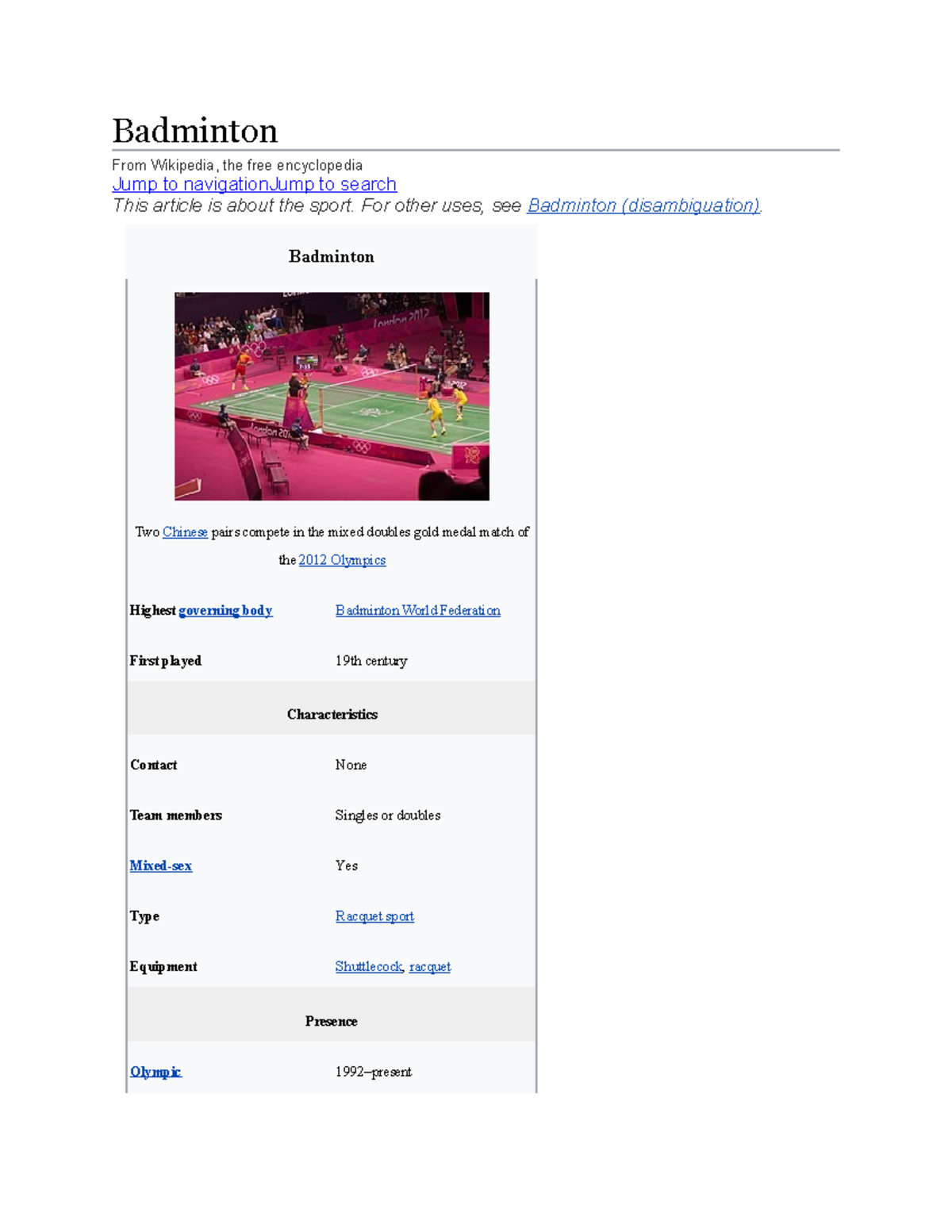 Badminton Individual Sports Badminton From Wikipedia, the free