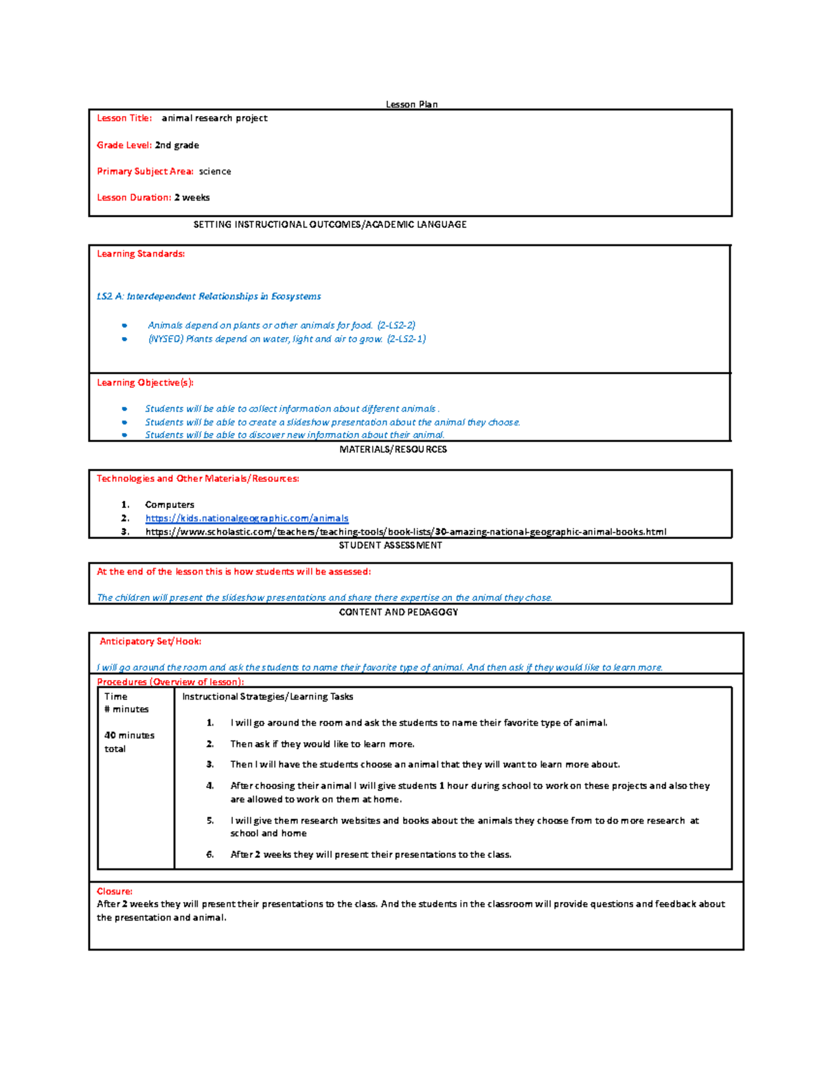 Final lesson plan - I need the money - Lesson Plan Lesson Title: animal ...