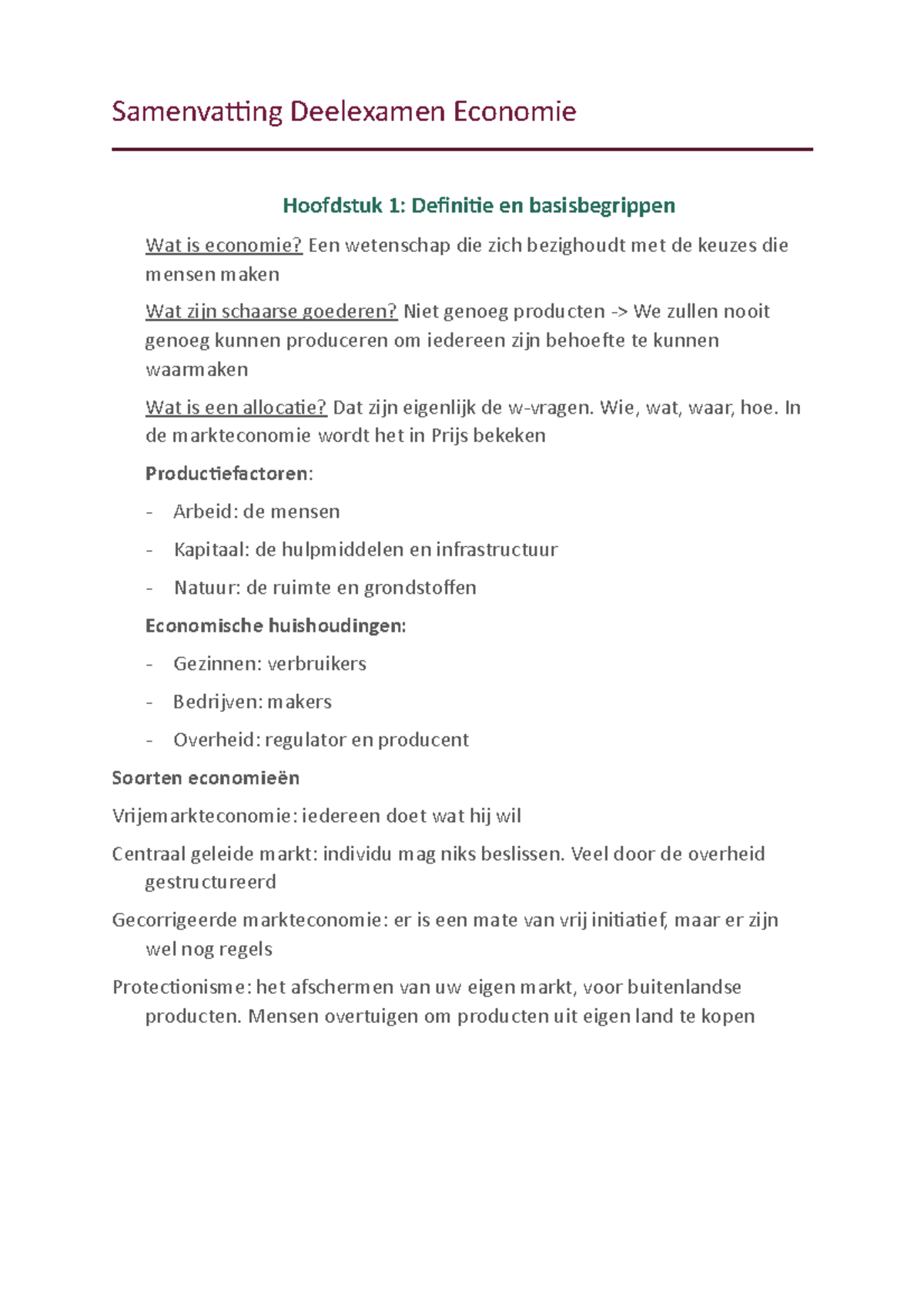 Hoofdstuk 1, 2 En 3 - Samenvatting Deelexamen Economie Hoofdstuk 1 ...