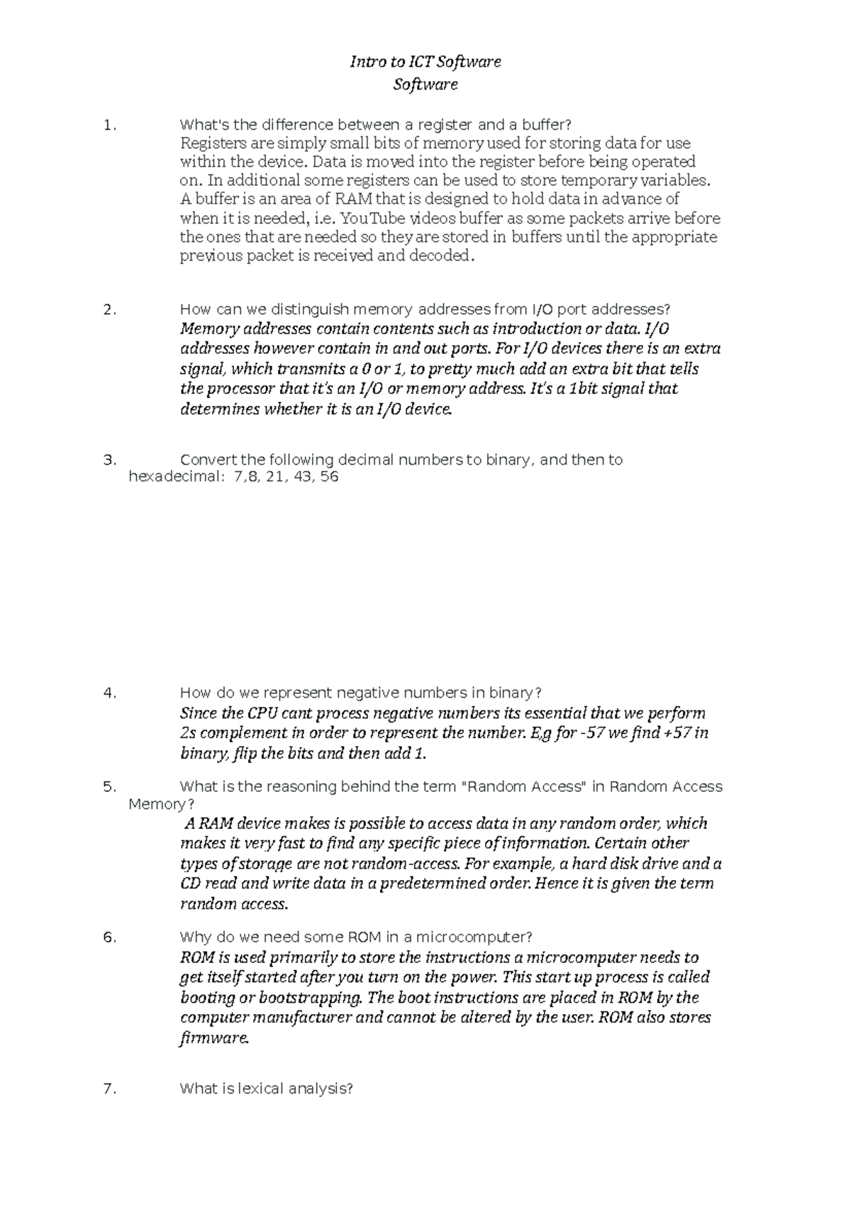 Notes And Answers On Sample Exam Questions For Final Exam - Intro To 