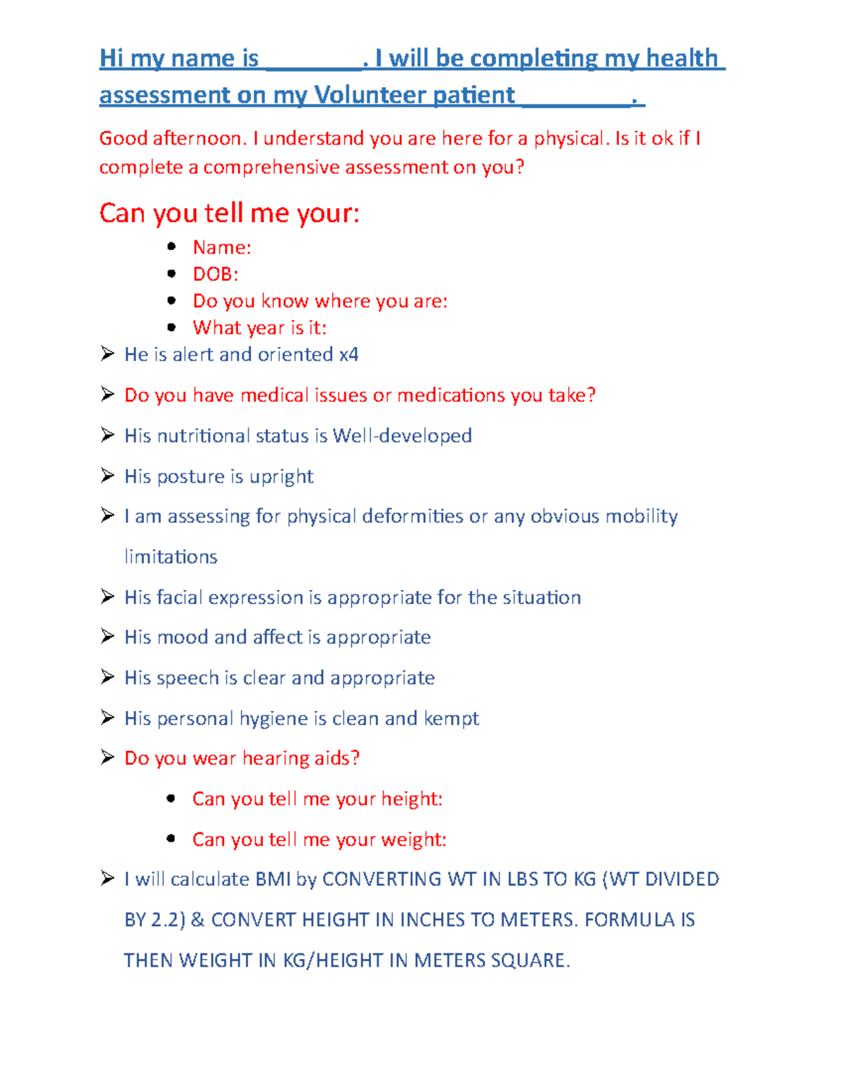 Health Assessment Script - Hi my name is _______. I will be completing ...
