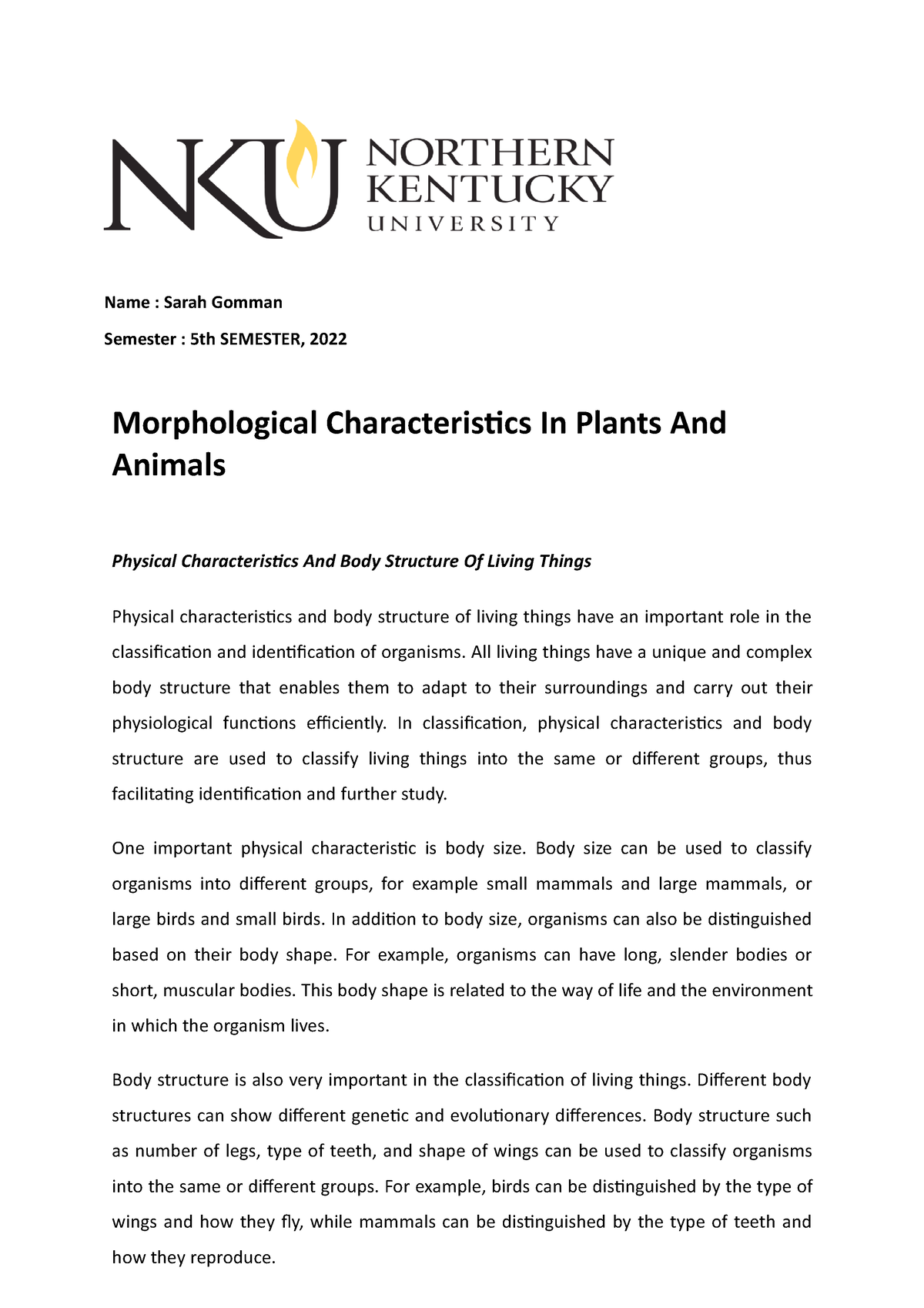 Lecture Notes Morphological Characteristics In Plants And Animals 