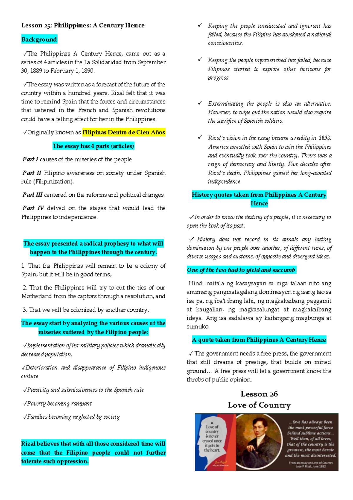 LW6 - life and works of rizal lecture notes - Lesson 25: Philippines: A ...