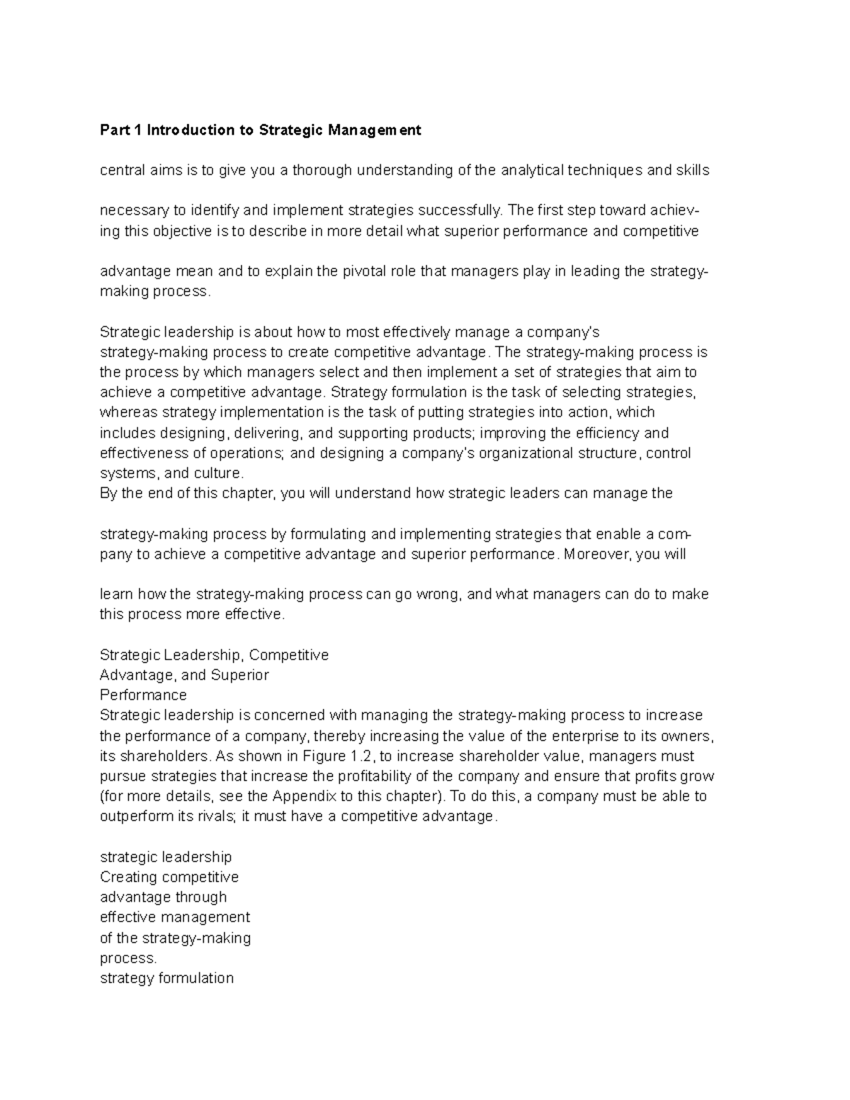 Chapter 1 - notes - Part 1 Introduction to Strategic Management central ...