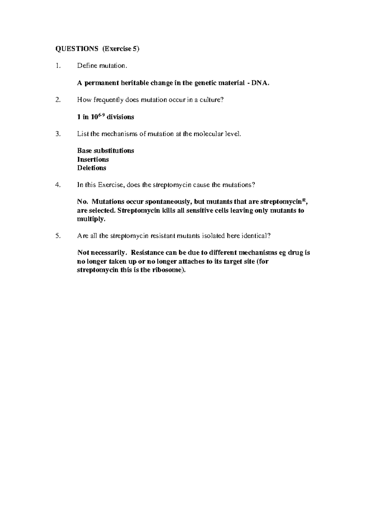 Exercise 5 Answers - 123 - QUESTIONS (Exercise 5) Define mutation. A ...