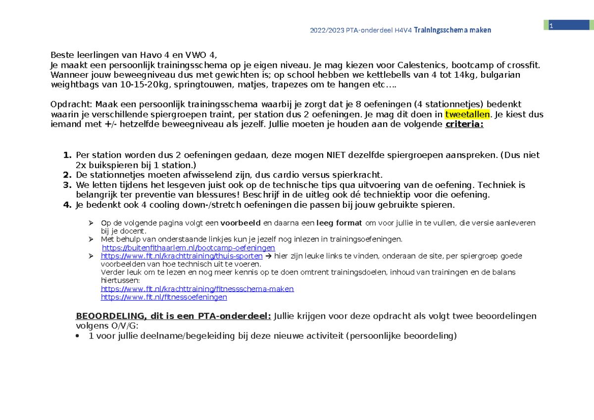 Trainingsschema maken h4v4 - 2022/2023 PTA-onderdeel H4V4