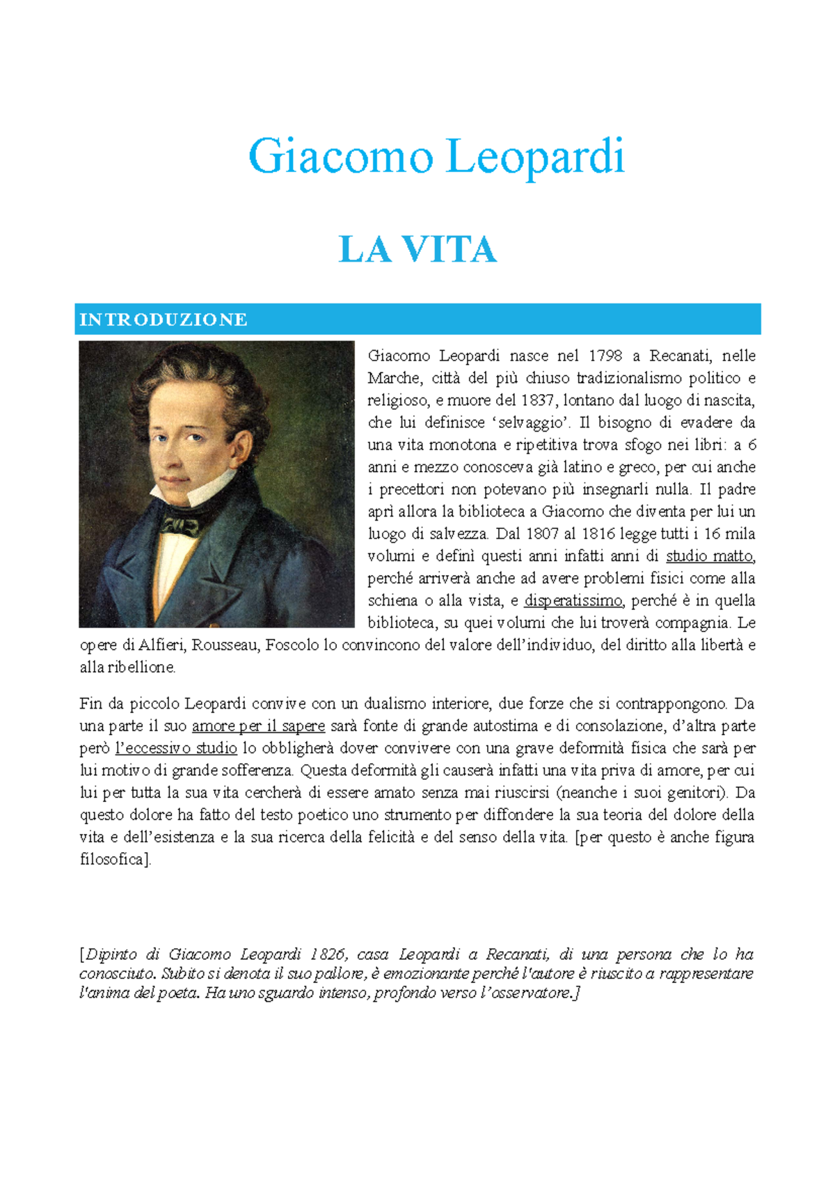 Leopardi (ufficiale) - LA VITA INTRODUZIONE Giacomo Leopardi Nasce Nel ...