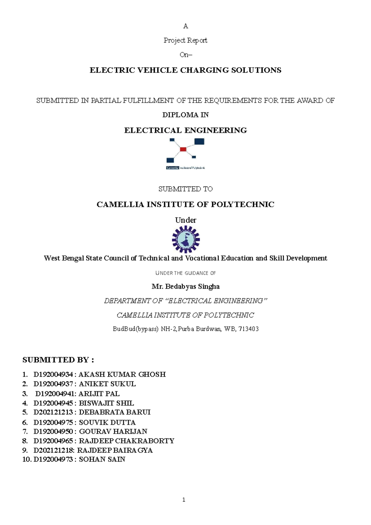A Project Report On Electric Vehicle Charging Solutions 1 A Project