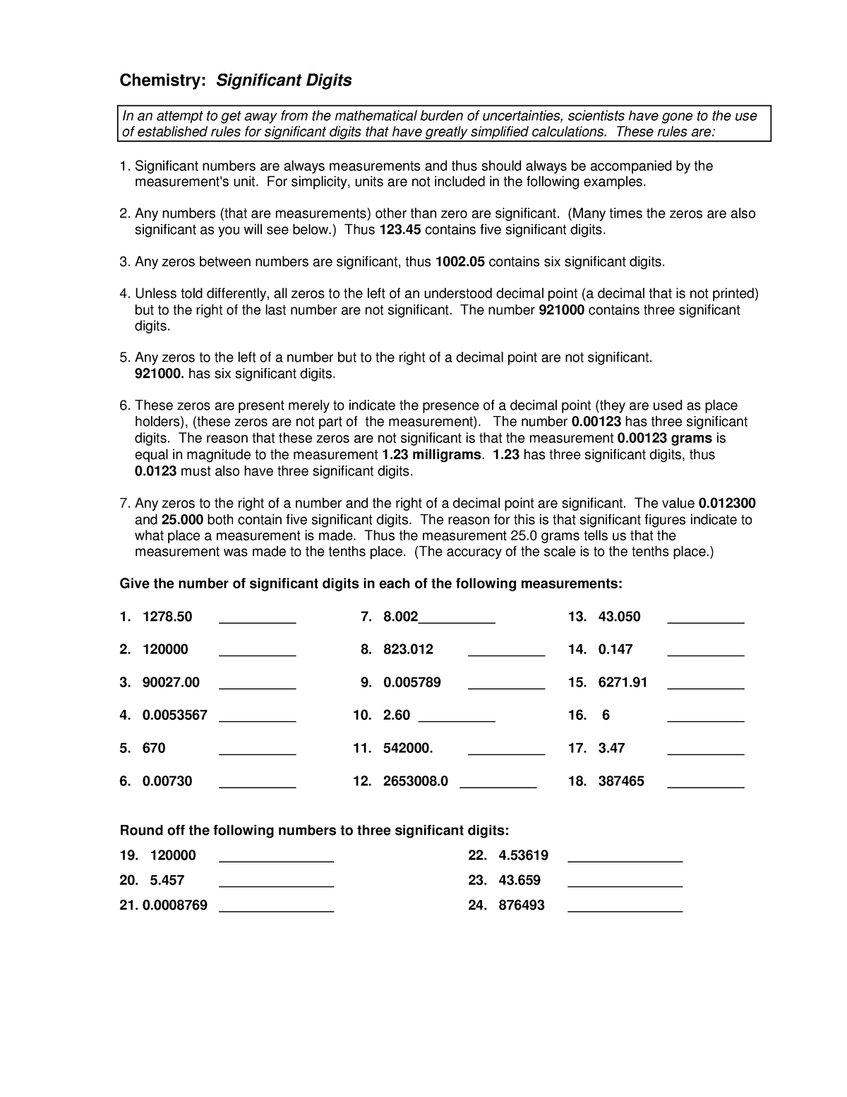 Sig figs worksheet - Practice Sheet - Chemistry: Significant Digits ...