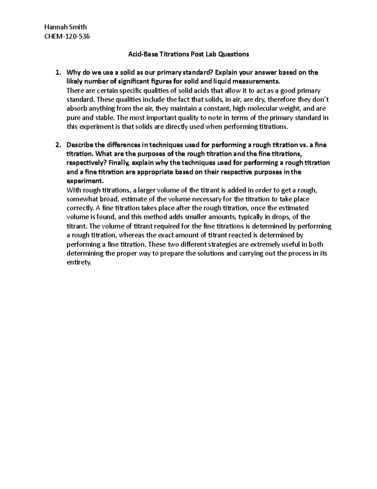 AcidBase Titrations Post Lab Questions Hannah Smith CHEM120 Acid