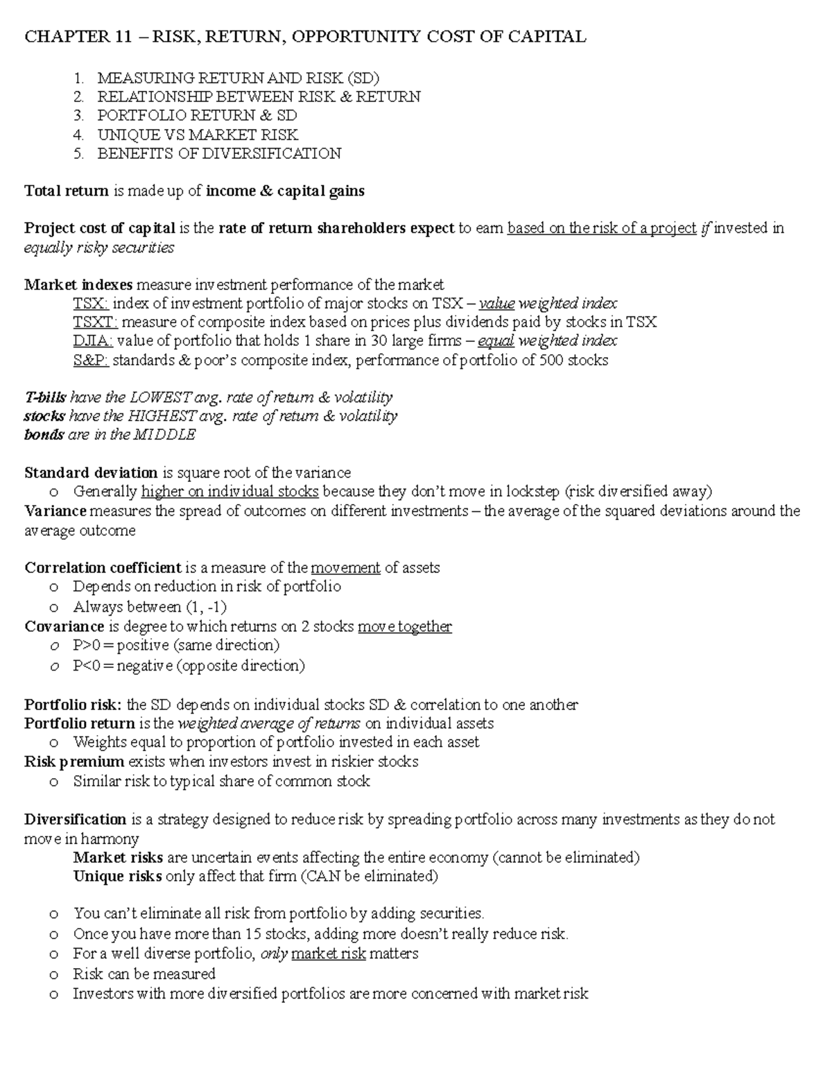 FIN2000 Midterm 2 CHAPTER 11 RISK, RETURN, OPPORTUNITY COST OF