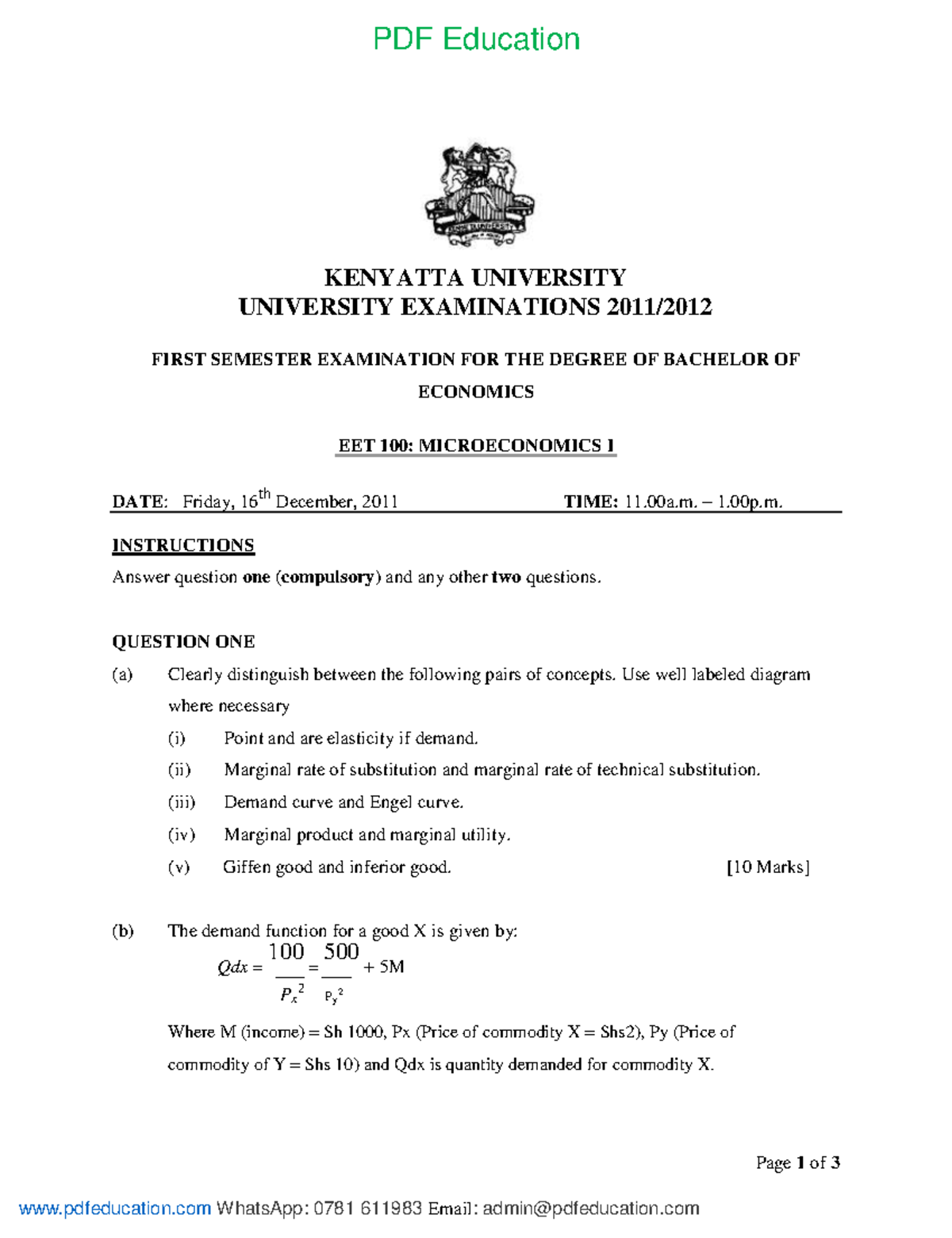 Eet 100 Microeconomics I Past Papers December 2011 Pdfeducation Whatsapp 0781 611983 Email Eet 100 Microeconomics I Past Papers December 2011 Pdfeducation Whatsapp 0781 611983 Email