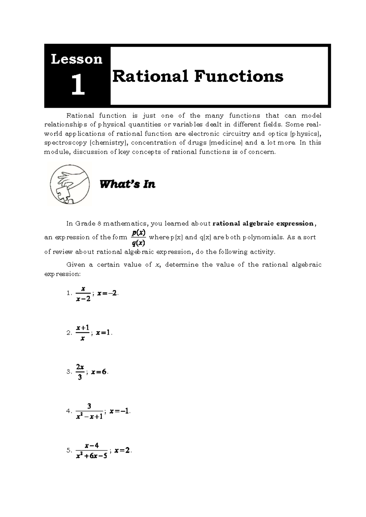 Module 2 - Lesson 1 Rational Functions ####### Rational function is ...