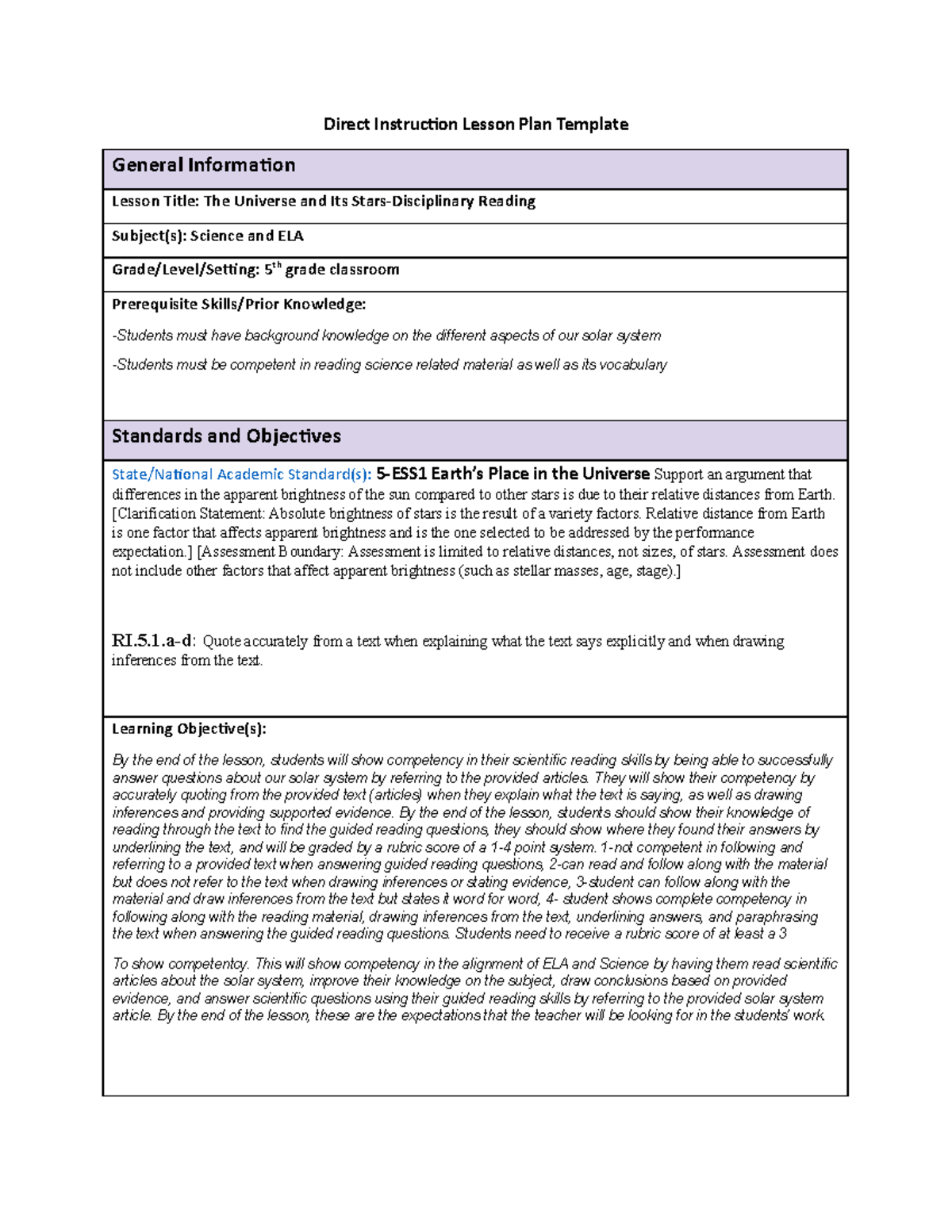 Disciplinary Reading - assignment - Direct Instruction Lesson Plan ...