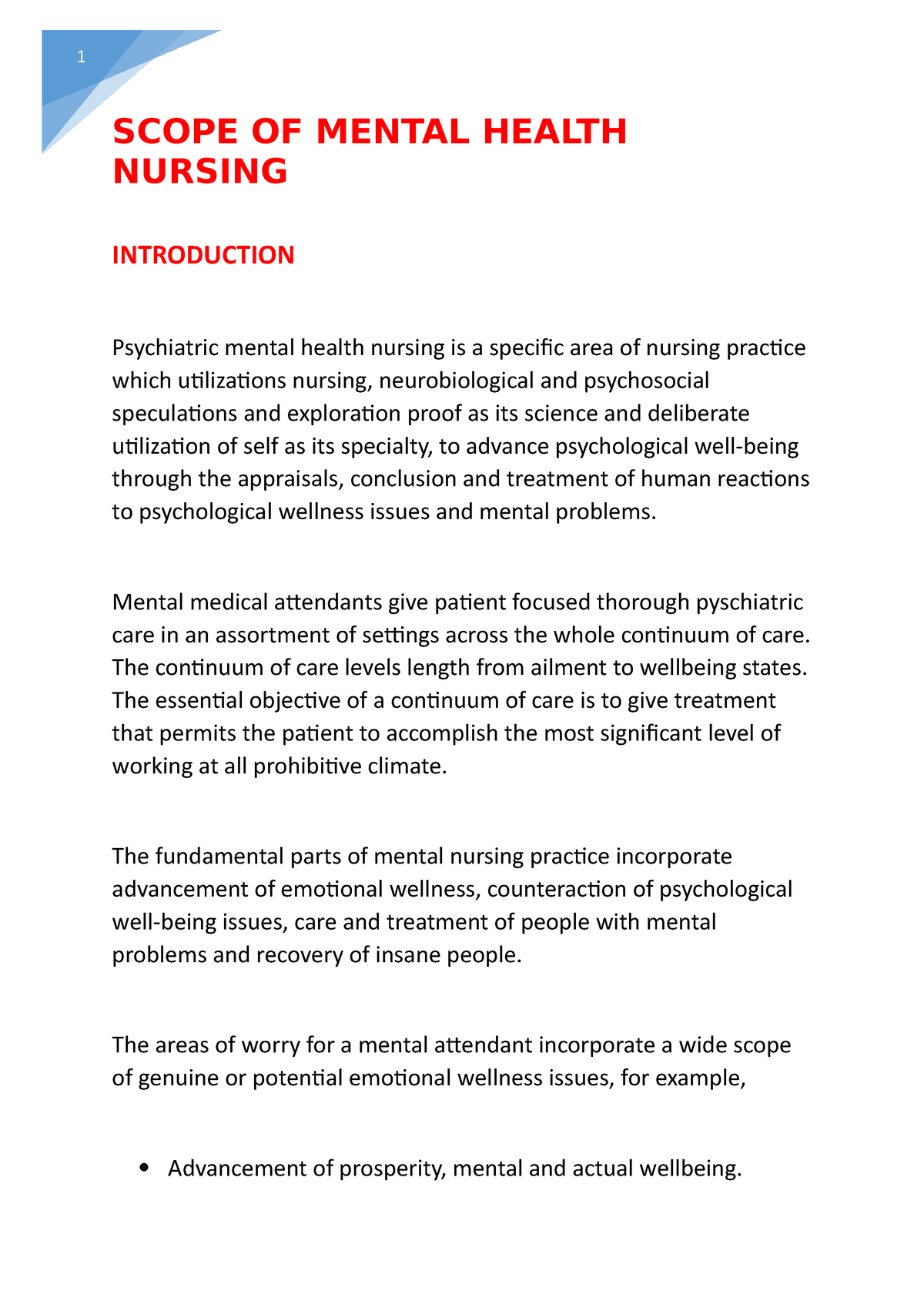 Scope OF Mental Health Nursing SCOPE OF MENTAL HEALTH NURSING 