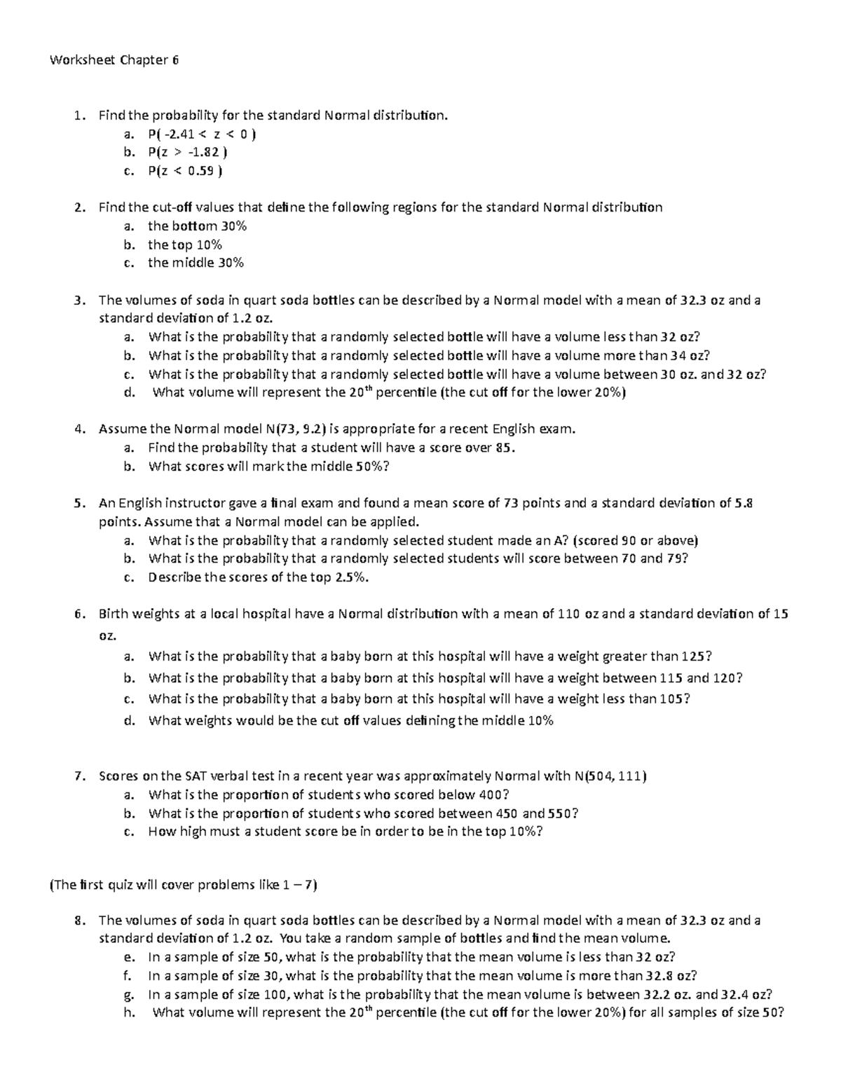 Ch 6 worksheet (1) - Worksheet Chapter 6 Find the probability for the ...