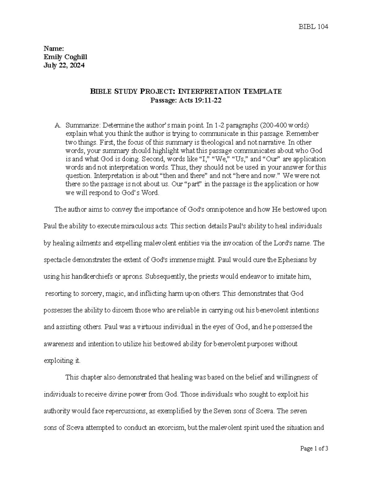 Bible Study Project Interpretation Template - BIBL 104 Name: Emily ...