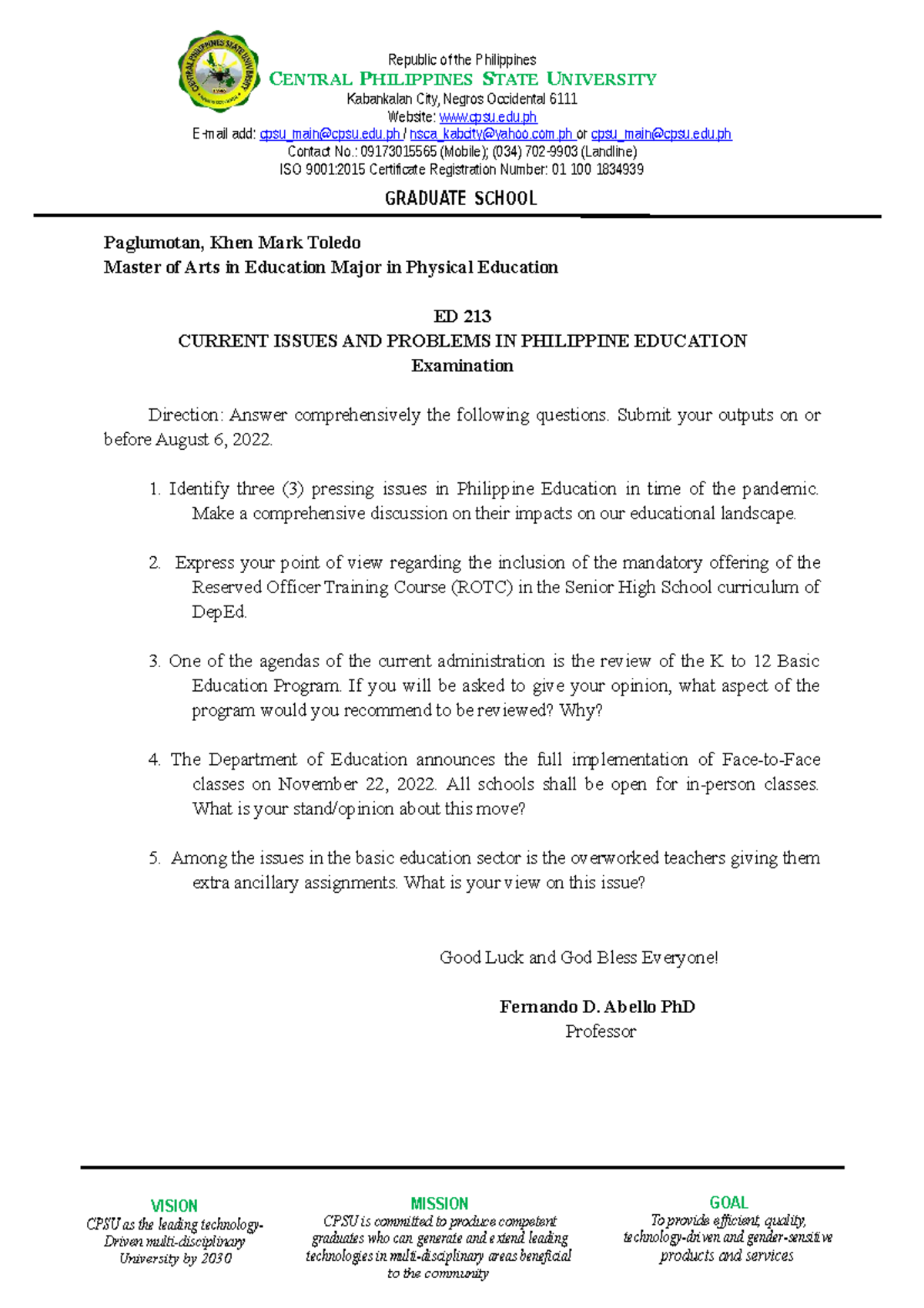MAPE 213 Paglumotan EXAM Paglumotan, Khen Mark Toledo Master of Arts