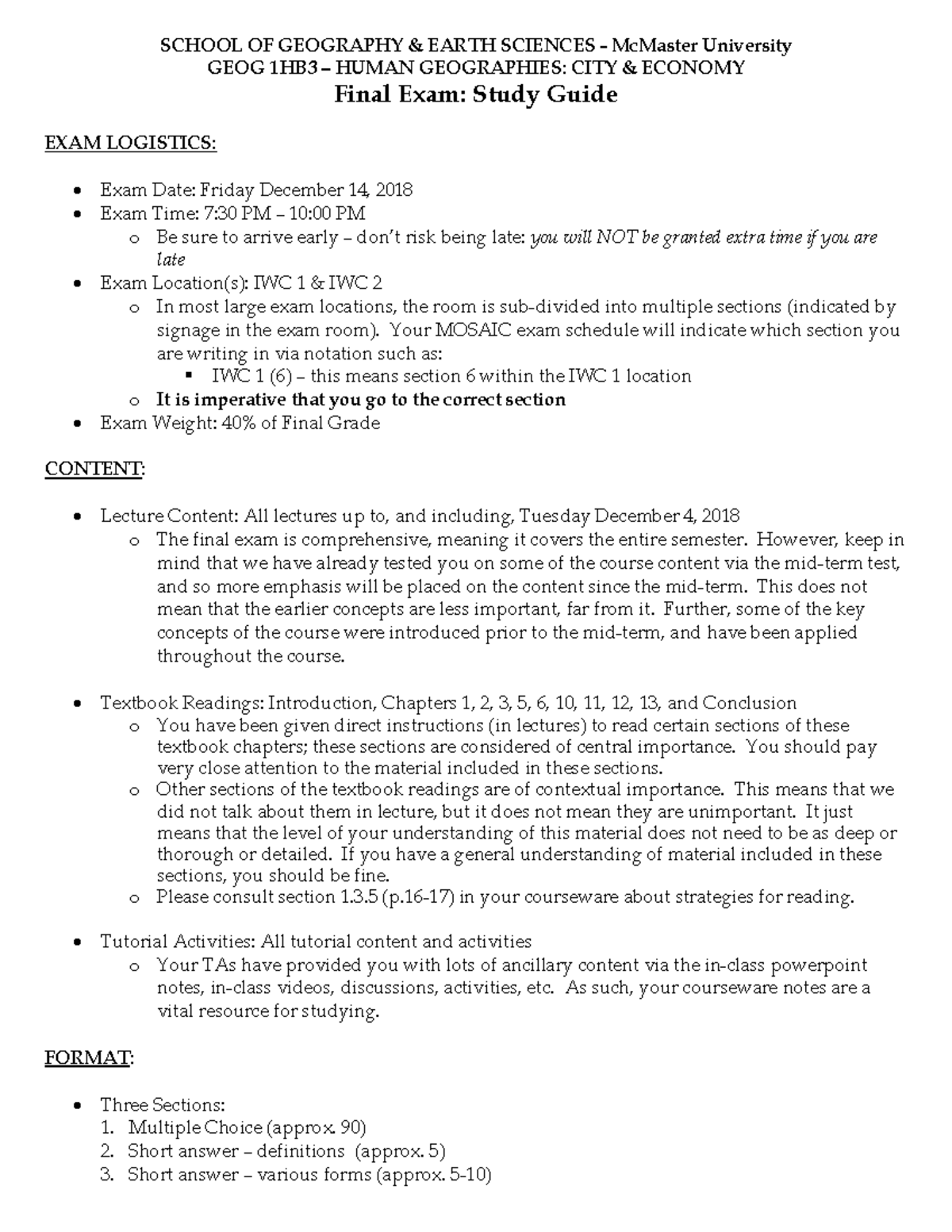 Final Exam Study Guide 1 Fall 2018, questions SCHOOL OF GEOGRAPHY