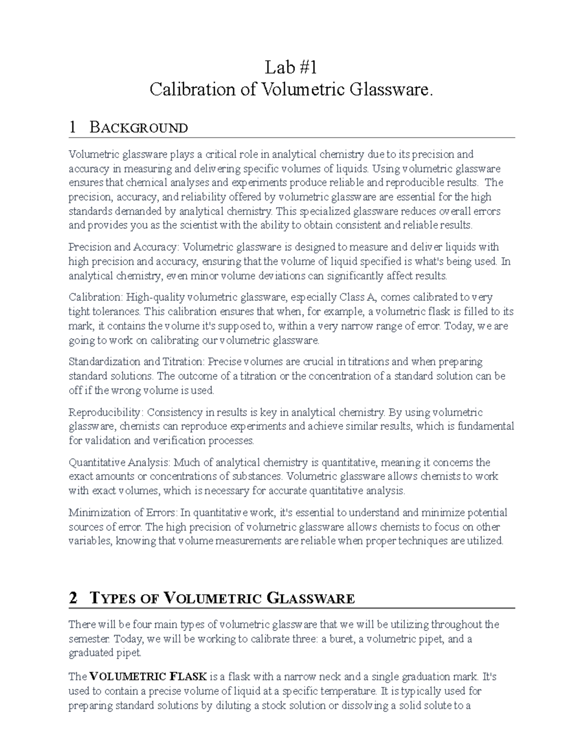 Lab 1 Calibration of Glassware Background Lab Calibration of