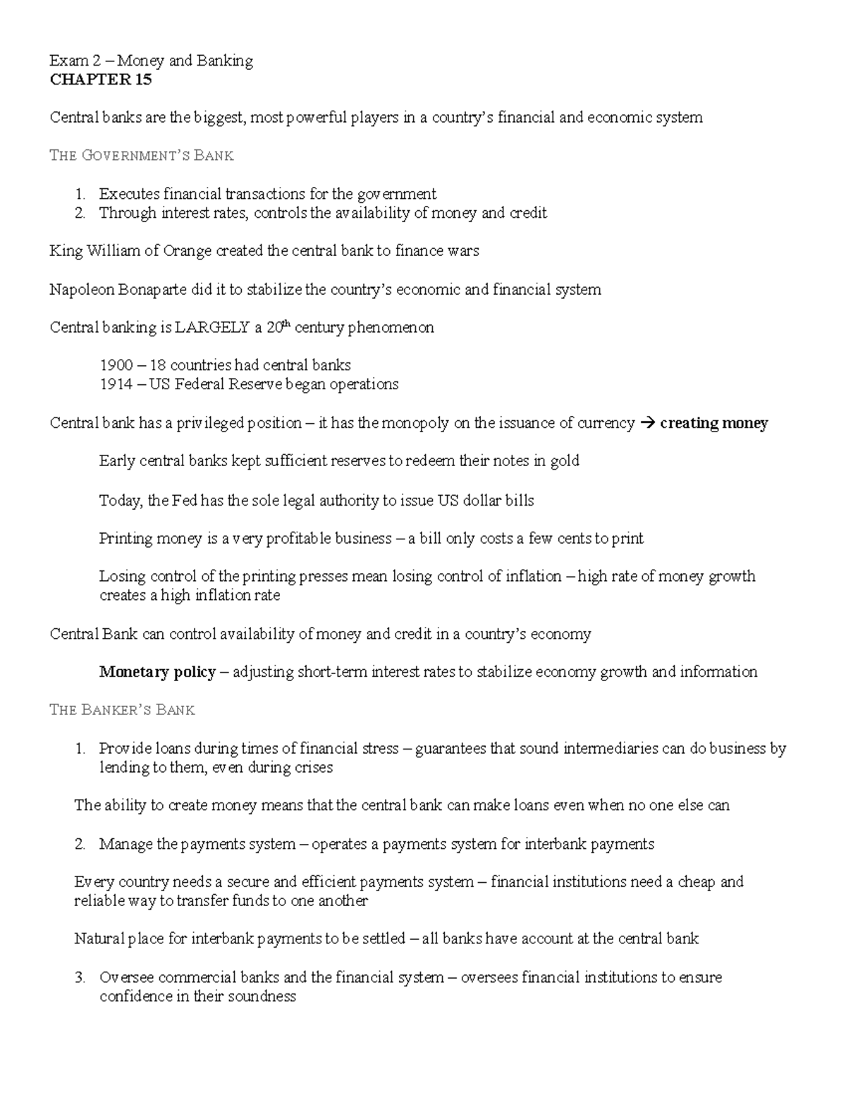 Exam 2 Study Guide Exam 2 Money and Banking CHAPTER 15 Central