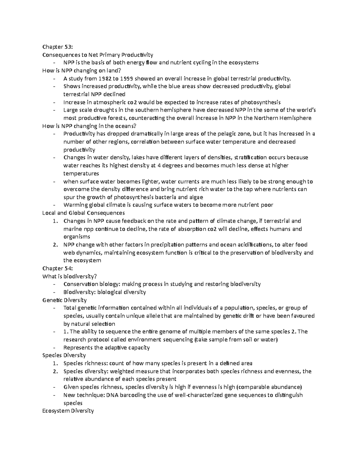 Bio1m03 exam notes - Chapter 53: Consequences to Net Primary ...