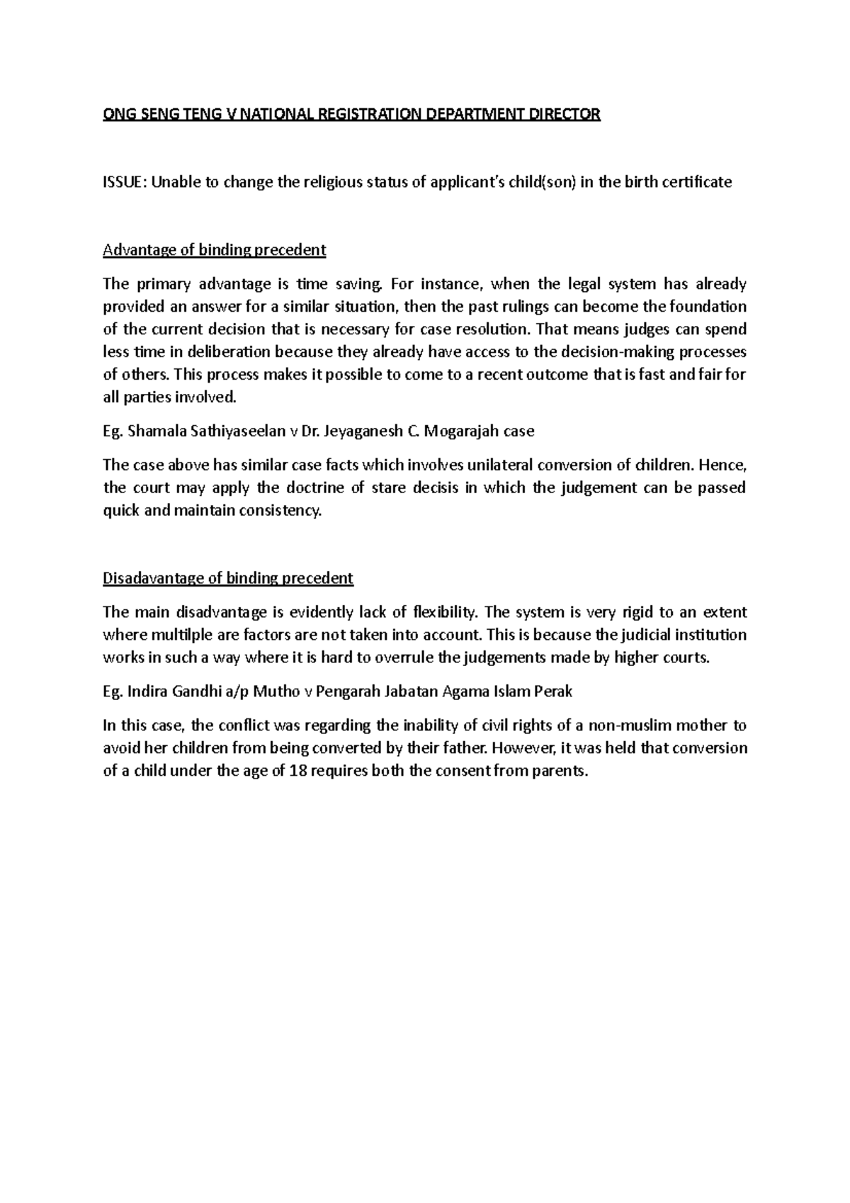 Binding Precedent - Notes - ONG SENG TENG V NATIONAL REGISTRATION ...