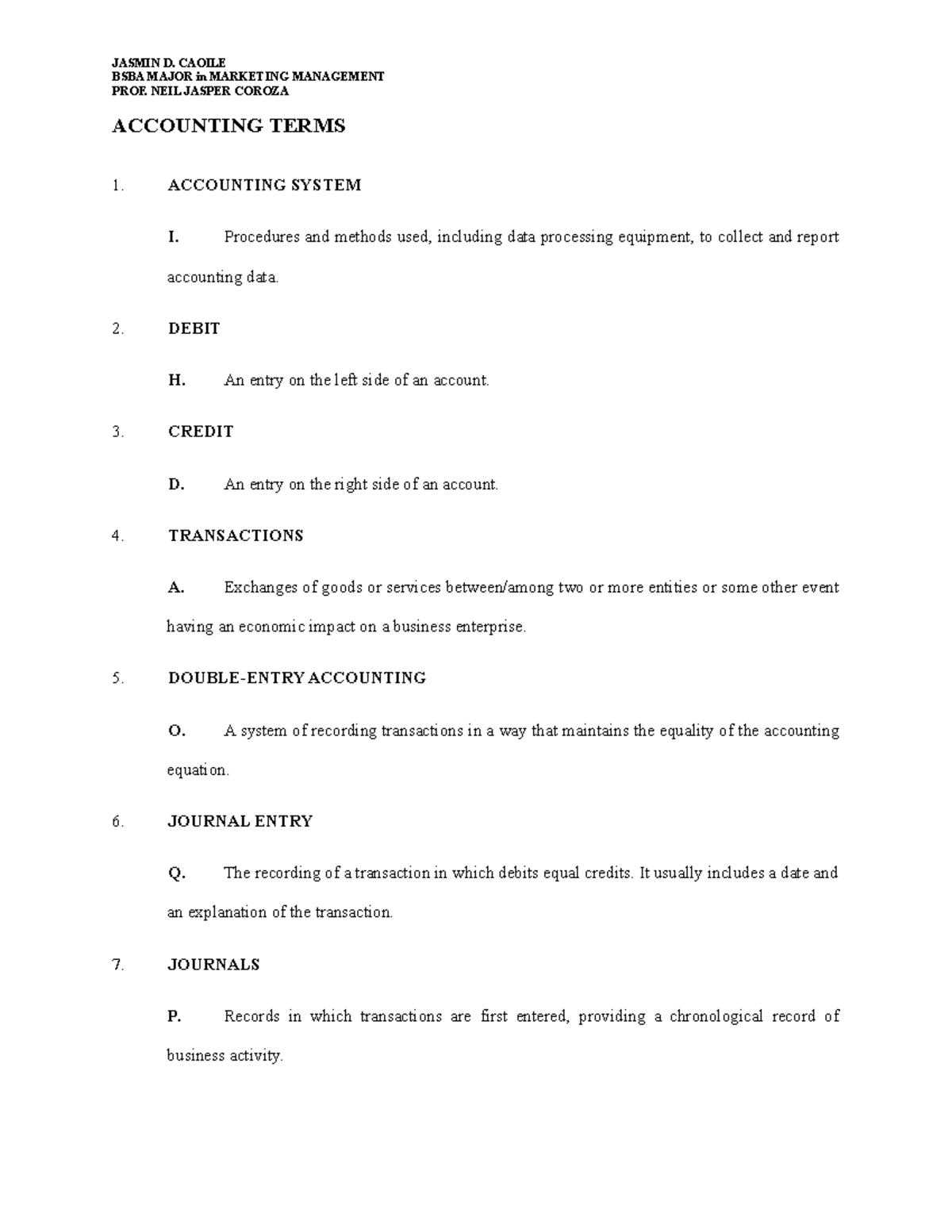 Accounting Terms - Rolando - Jasmin D. Caoilebsba Major In Marketing 