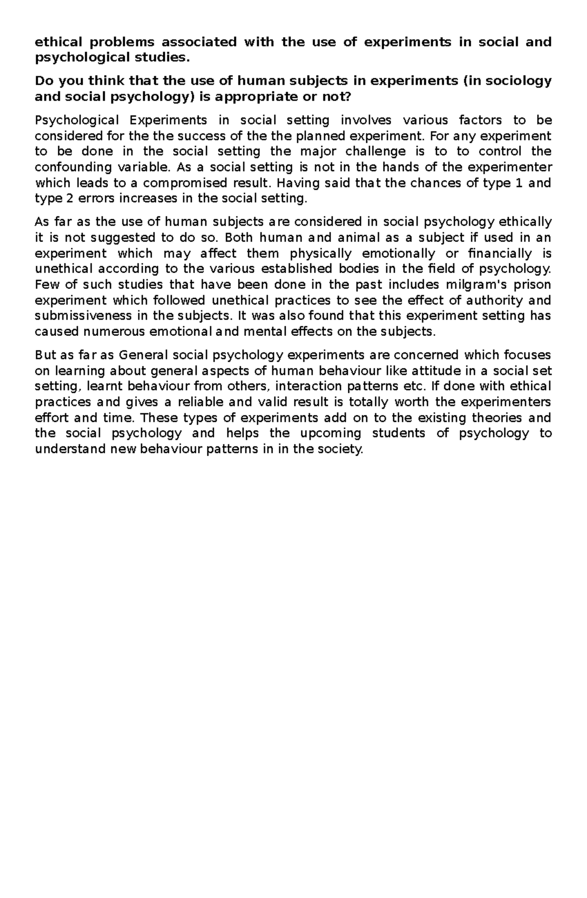 Ethical problems associated with the use of experiments in social and