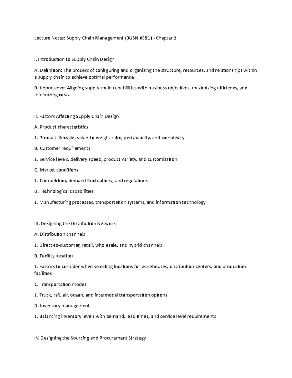 Supply Chain Management (BUSN 6051) - Chapter 2 - Lecture Notes: Supply ...