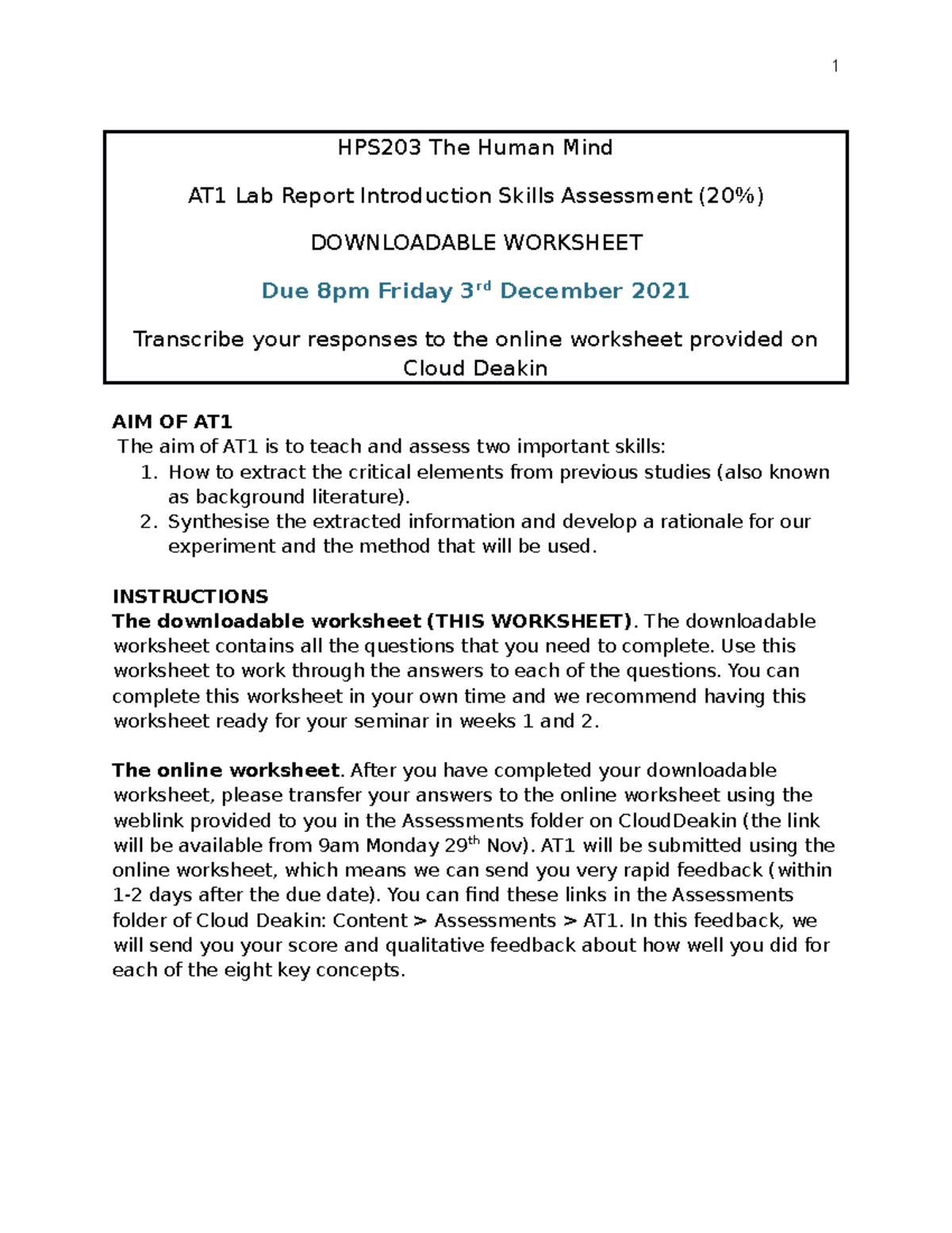 HPS203 Lab Report Worksheet on False Memories and Working Memory ...