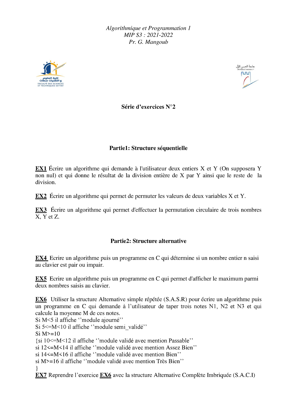 Série 2 - Algorithme Et Analyse Numérique - Algorithmique Et ...