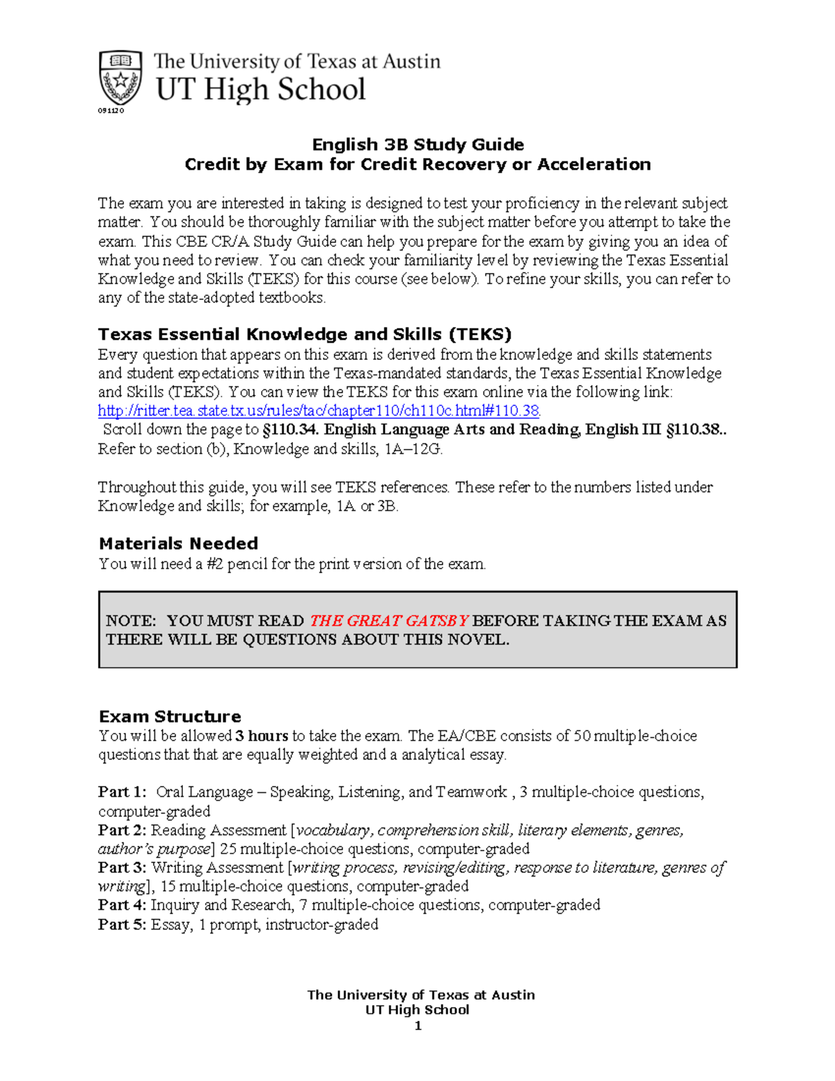 Uths eng3 B notes 091120 The University of Texas at Austin UT High